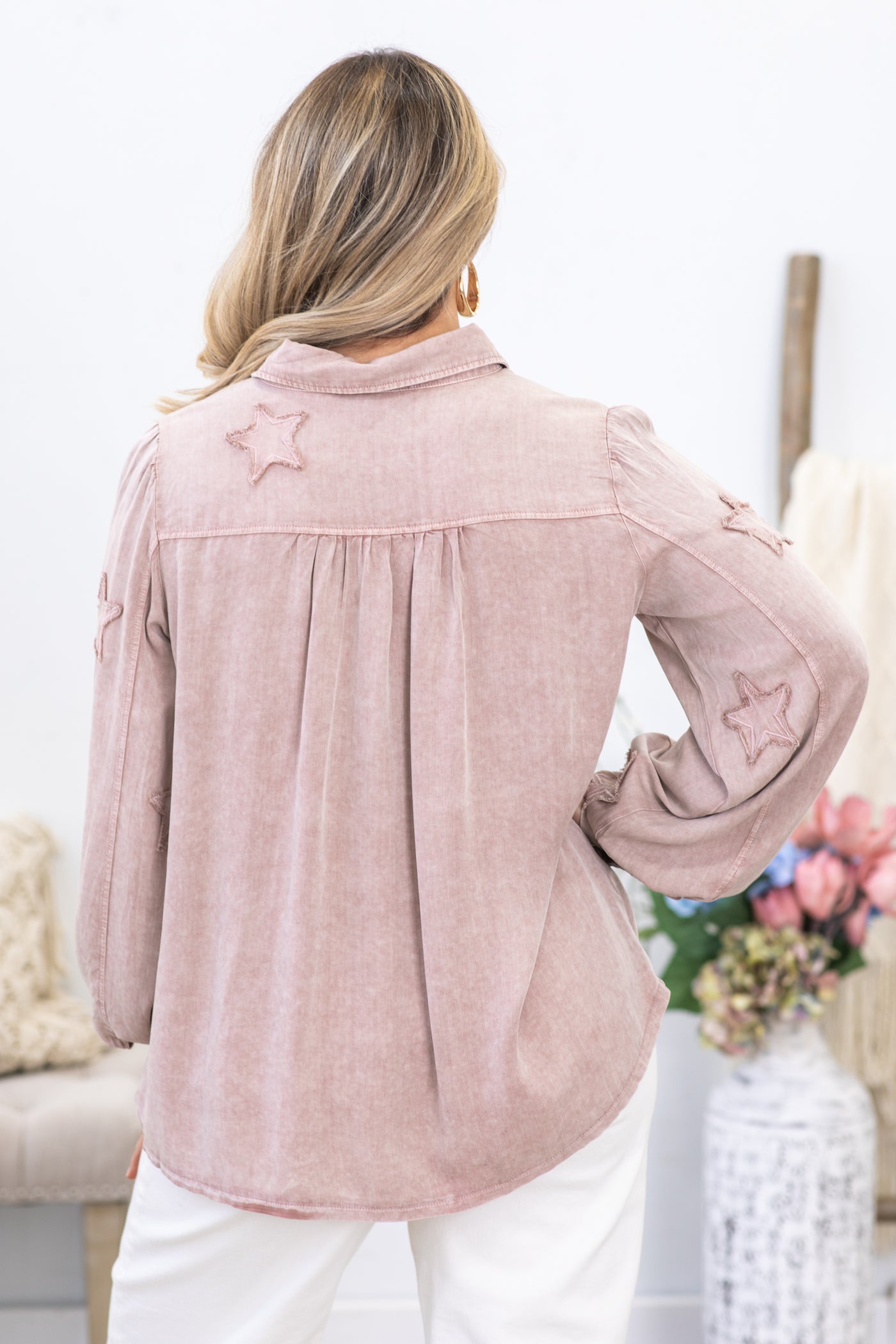 Mauve Star Patch Washed Button Down Top