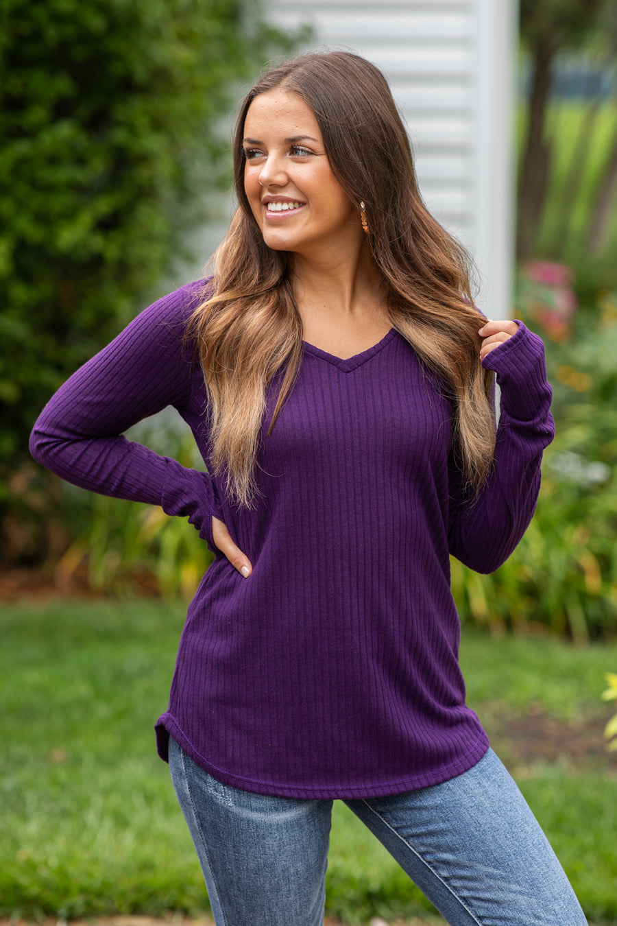 Eggplant V-Neck Ribbed Top With Thumbholes