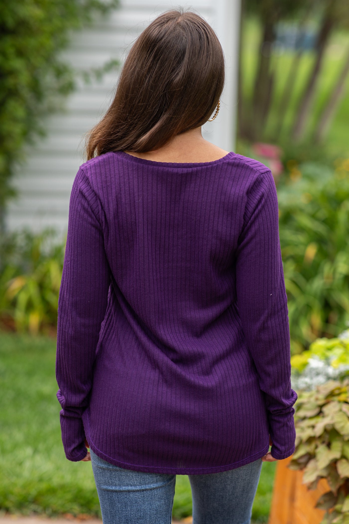 Eggplant V-Neck Ribbed Top With Thumbholes
