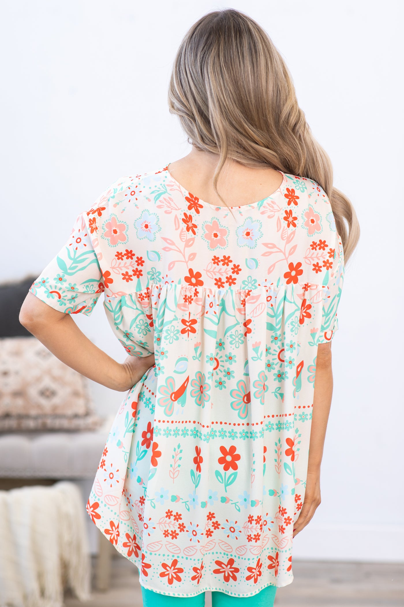 Orange Multicolor Floral Boho Print Top