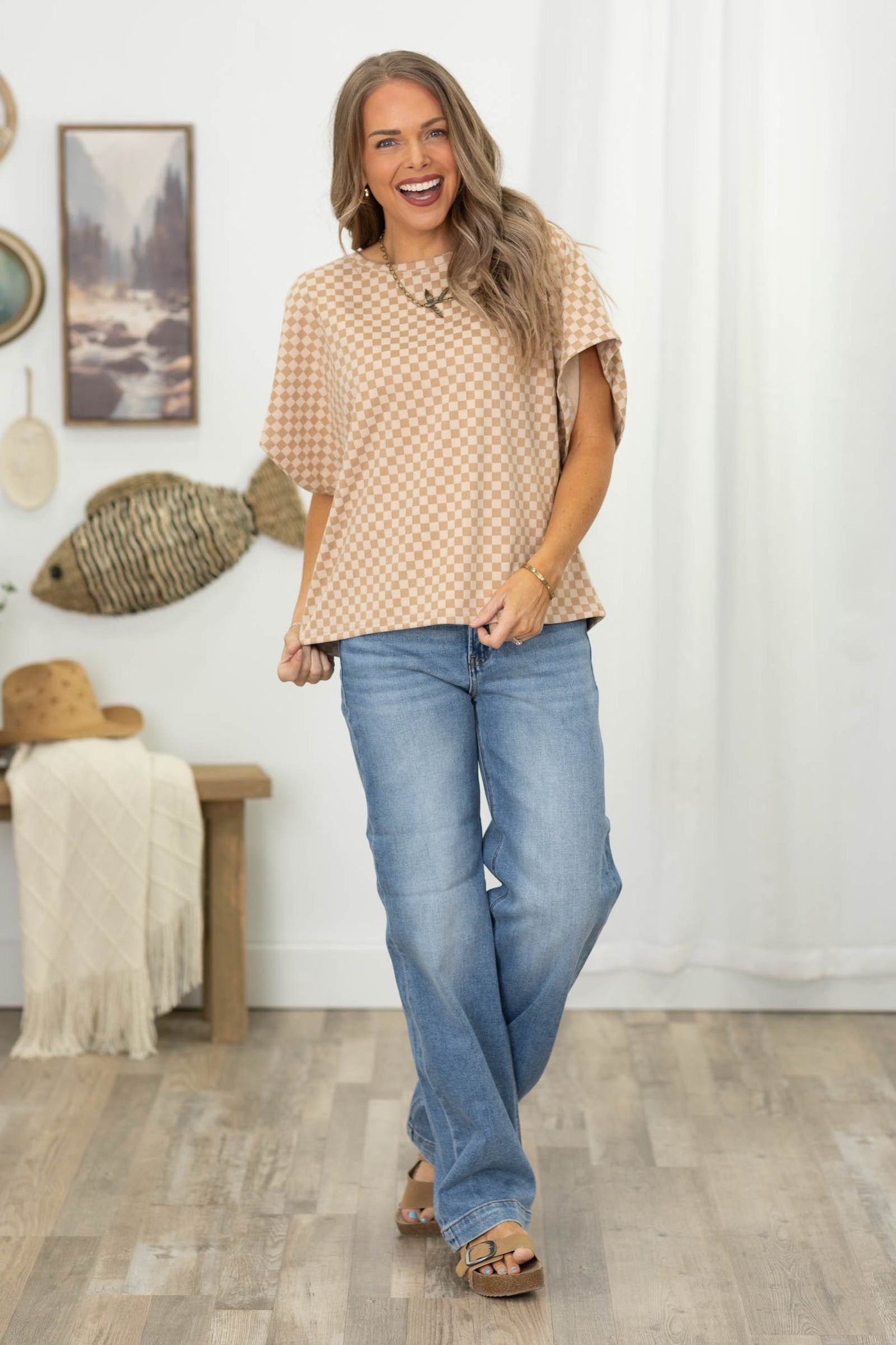 Almond Checker Dolman Sleeve Knit Top