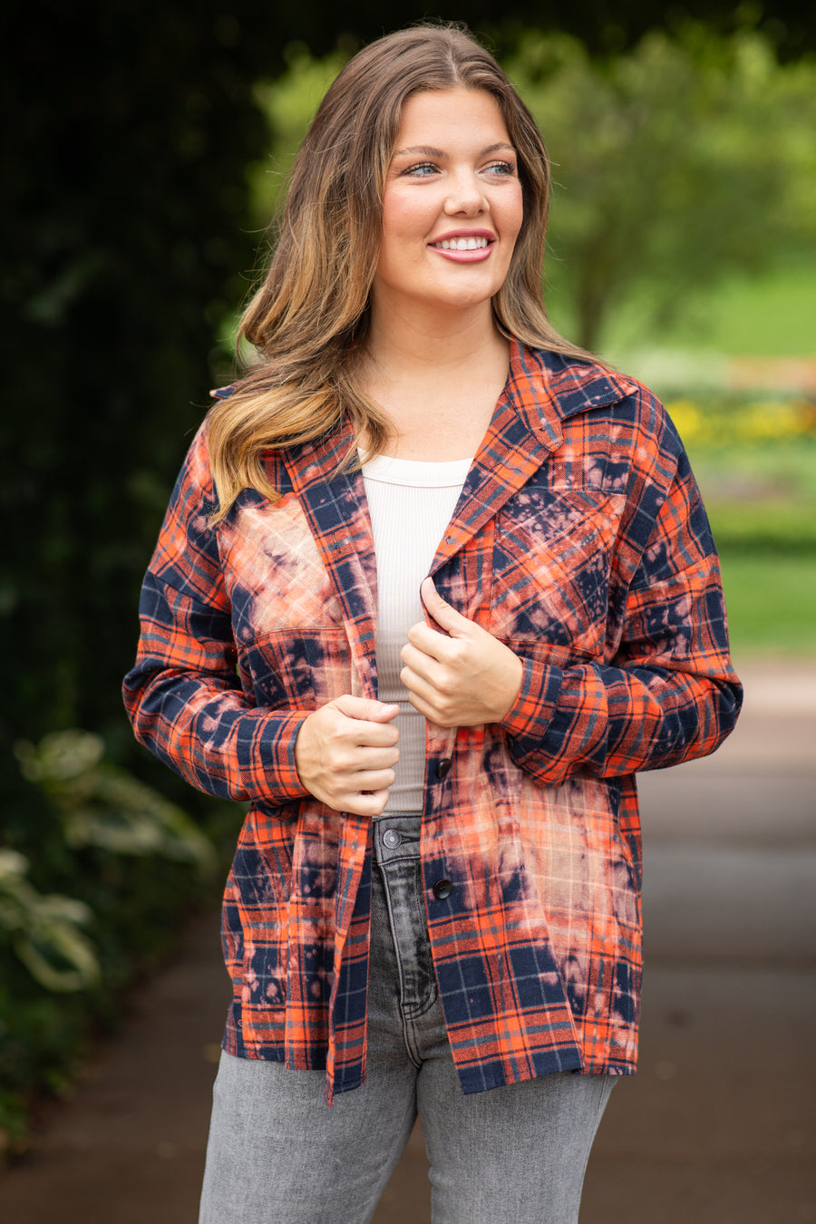 Navy and Orange Washed Plaid Button Up Top
