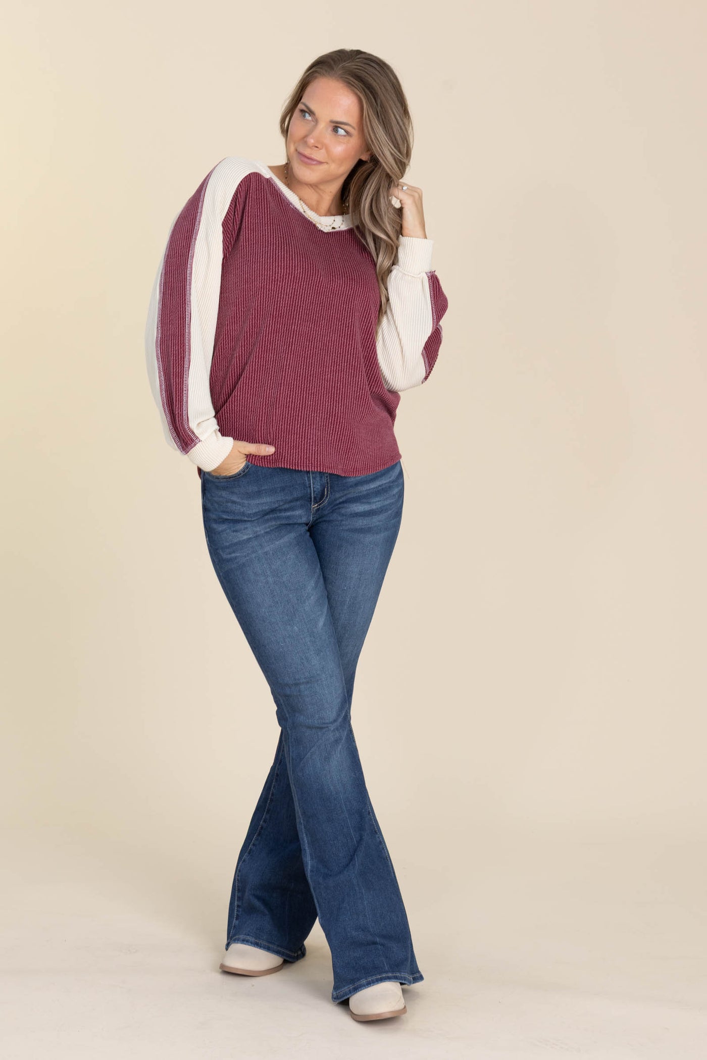 Berry With Cream Contrast Ribbed V-Neck Top