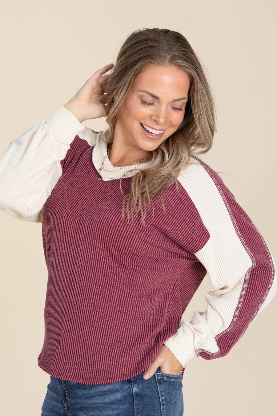 Berry With Cream Contrast Ribbed V-Neck Top
