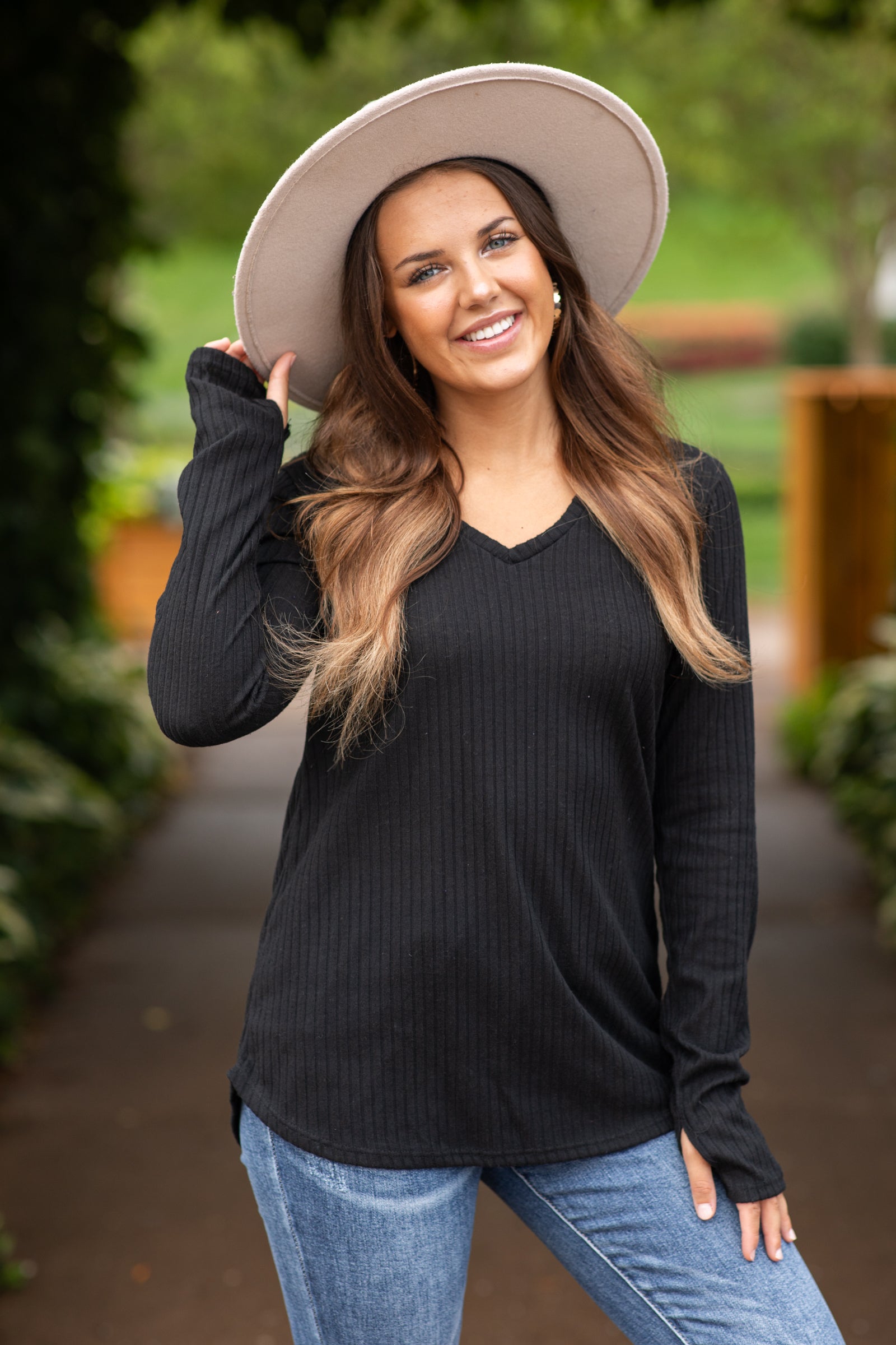 Black V-Neck Ribbed Top With Thumbholes
