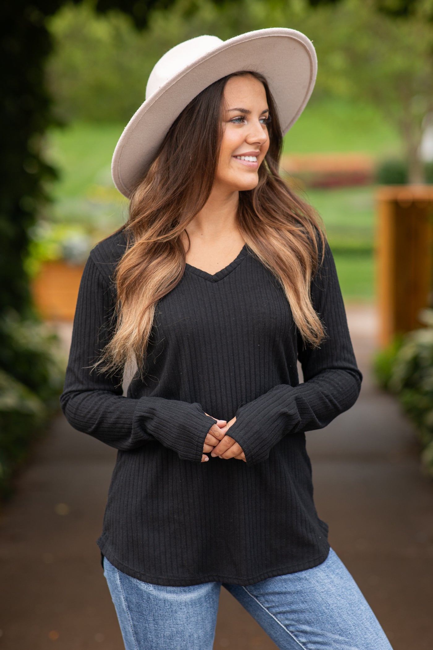 Black V-Neck Ribbed Top With Thumbholes