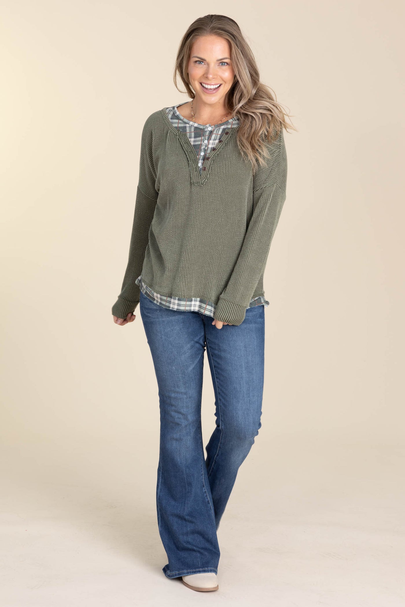 Rib Knit Henley Tops With Plaid Contrast Trim