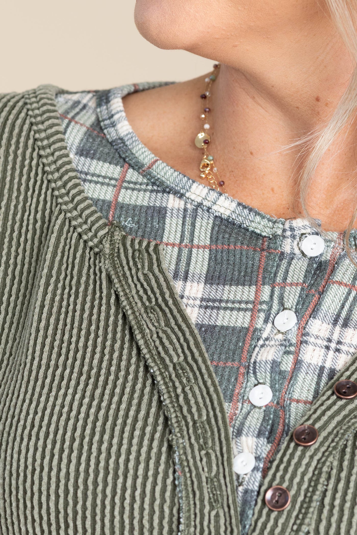 Rib Knit Henley Tops With Plaid Contrast Trim