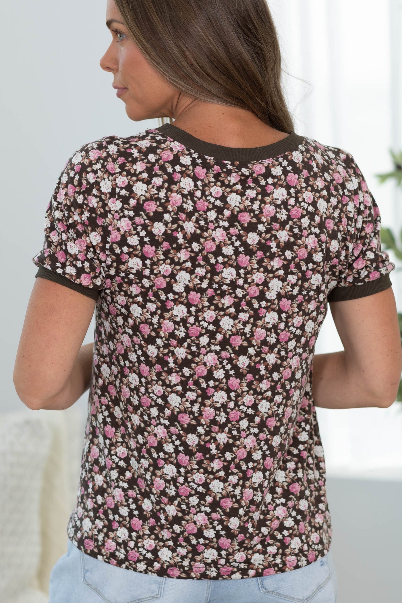 Staccato Brown Floral Short Sleeve Knit Top