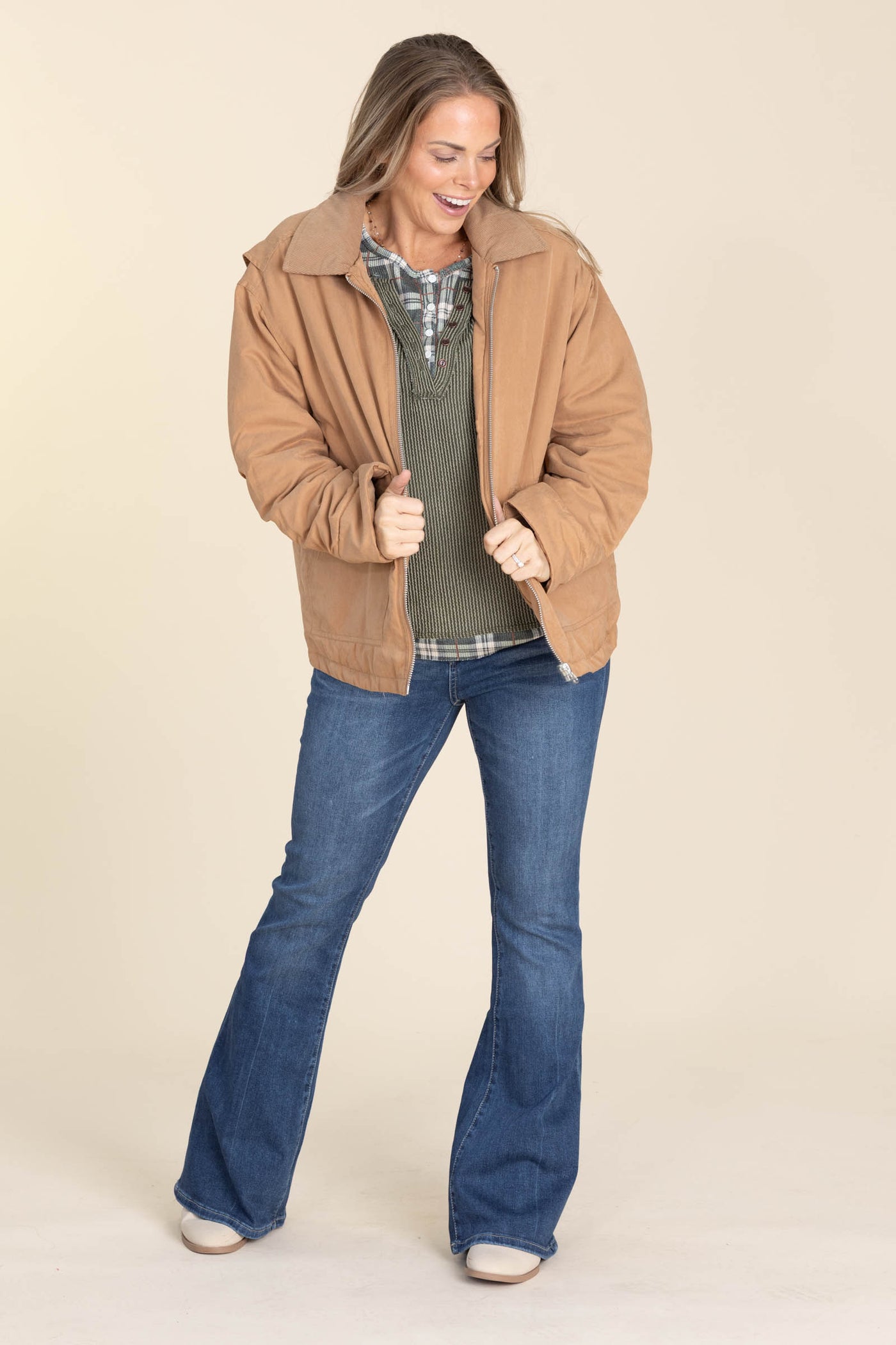 Camel Zip Front Puffer Barn Jacket