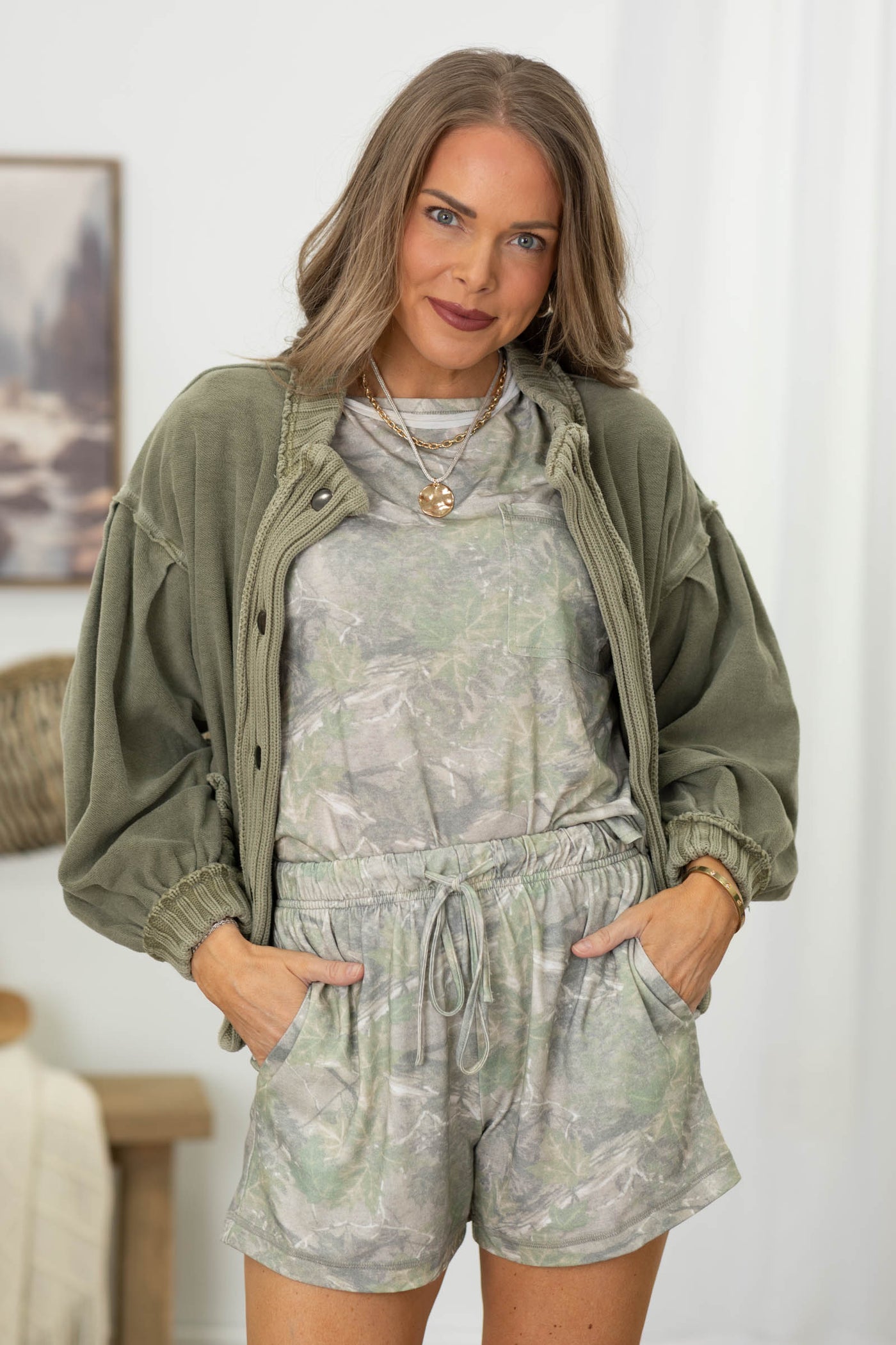 Sage Camo Print Knit Top & Shorts Set