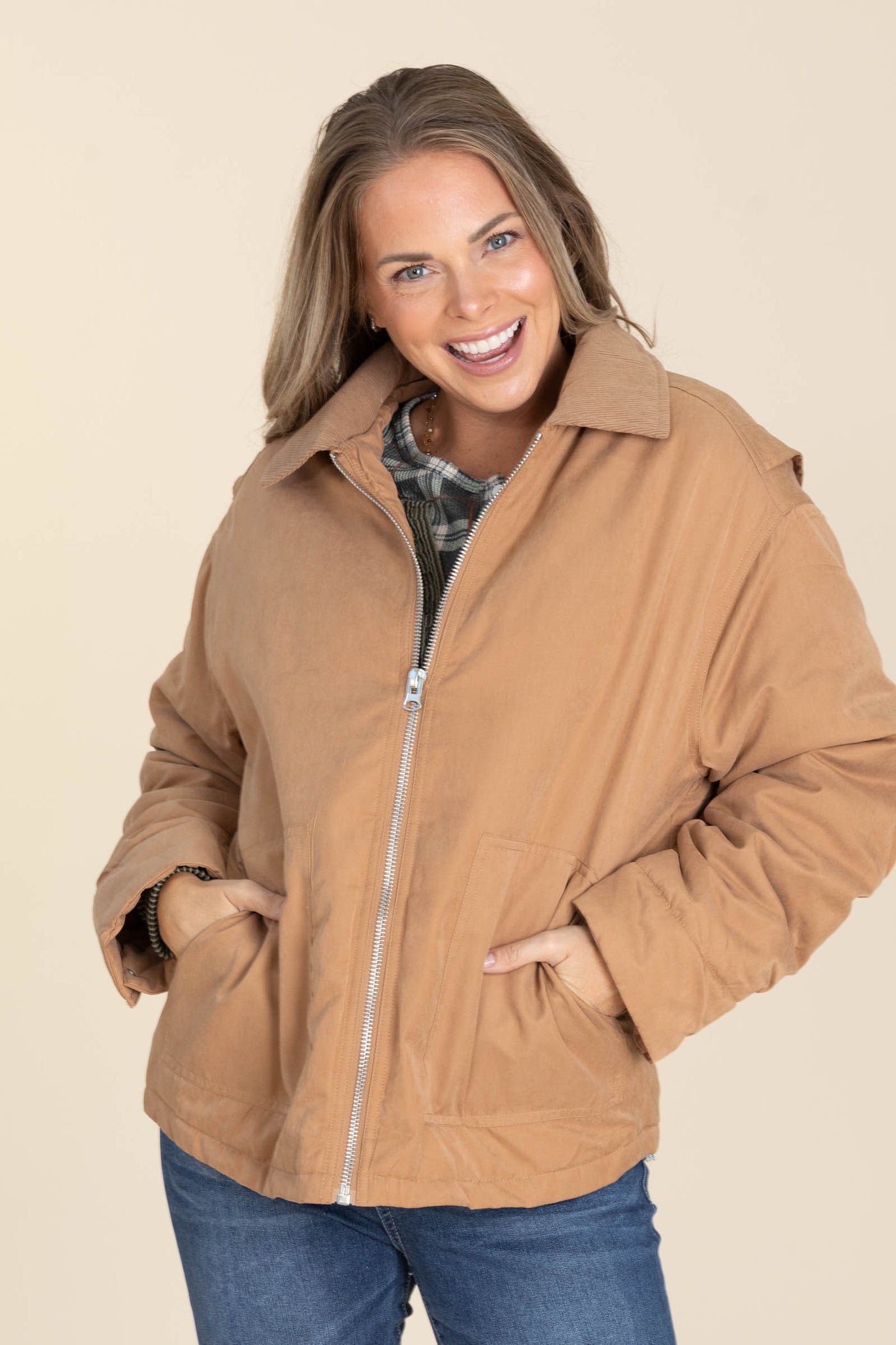 Camel Zip Front Puffer Barn Jacket