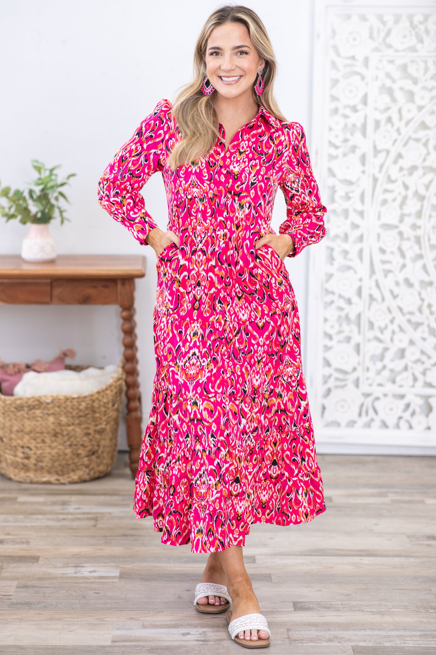 Fuchsia Abstract Print Long Sleeve Maxi Dress Filly Flair Fuchsia Abstract Print Long Sleeve Maxi Dress Filly Flair