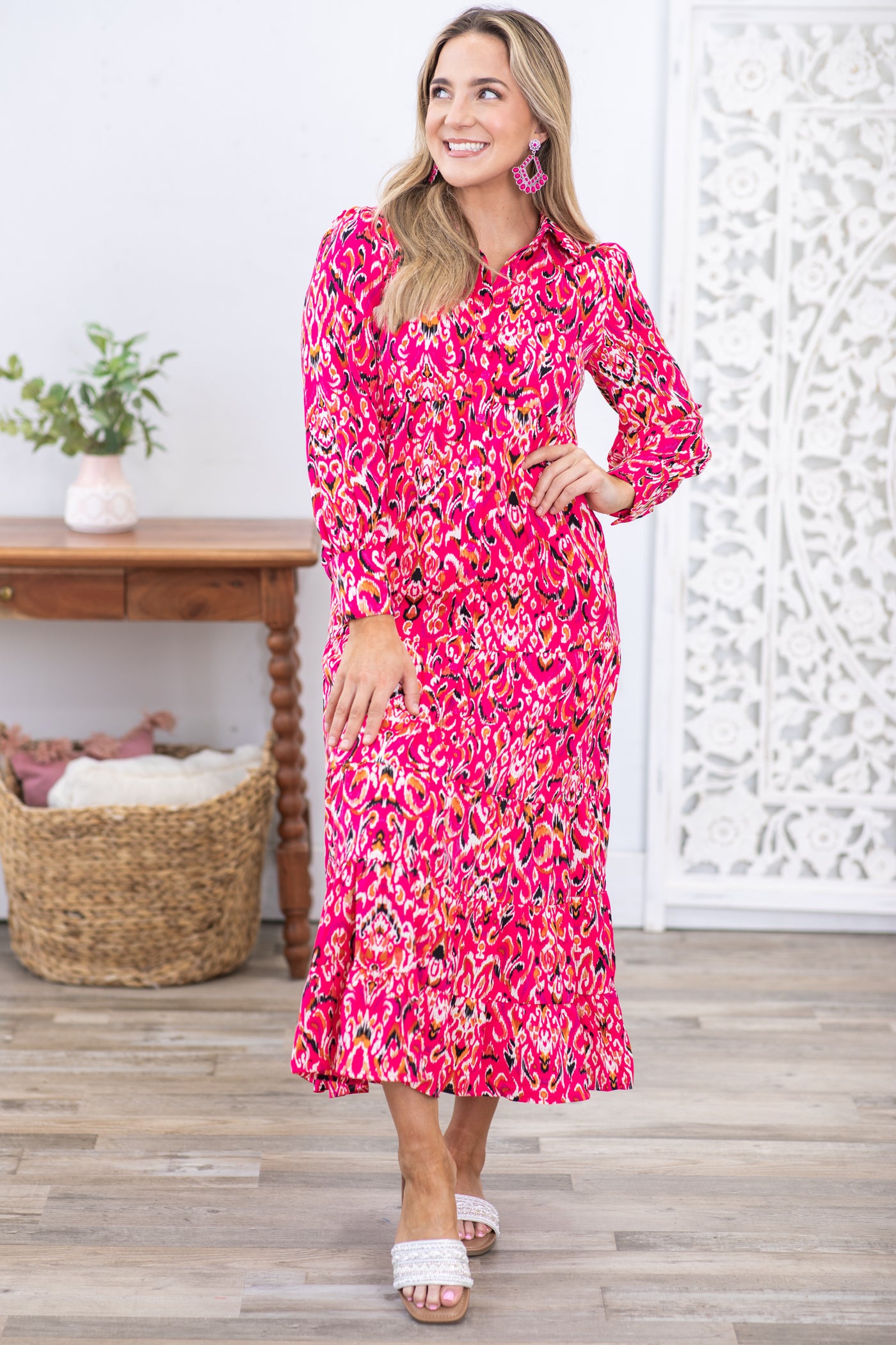 Fuchsia Abstract Print Long Sleeve Maxi Dress - S Fuchsia Abstract Print Long Sleeve Maxi Dress - S