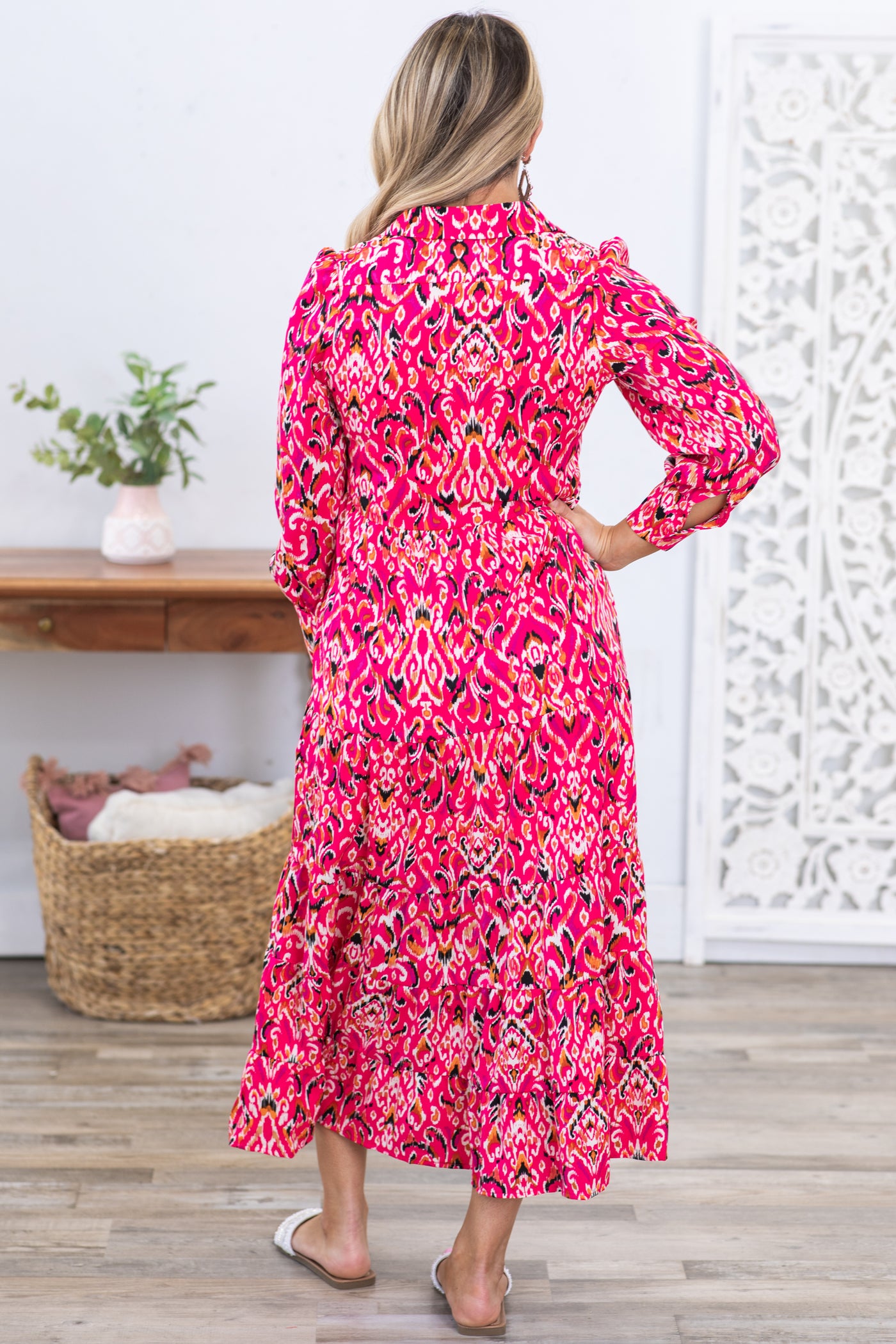 Fuchsia Abstract Print Long Sleeve Maxi Dress
