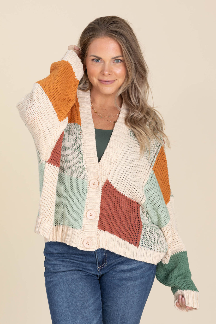Beige Colorblock Crochet V-Neck Cardigan