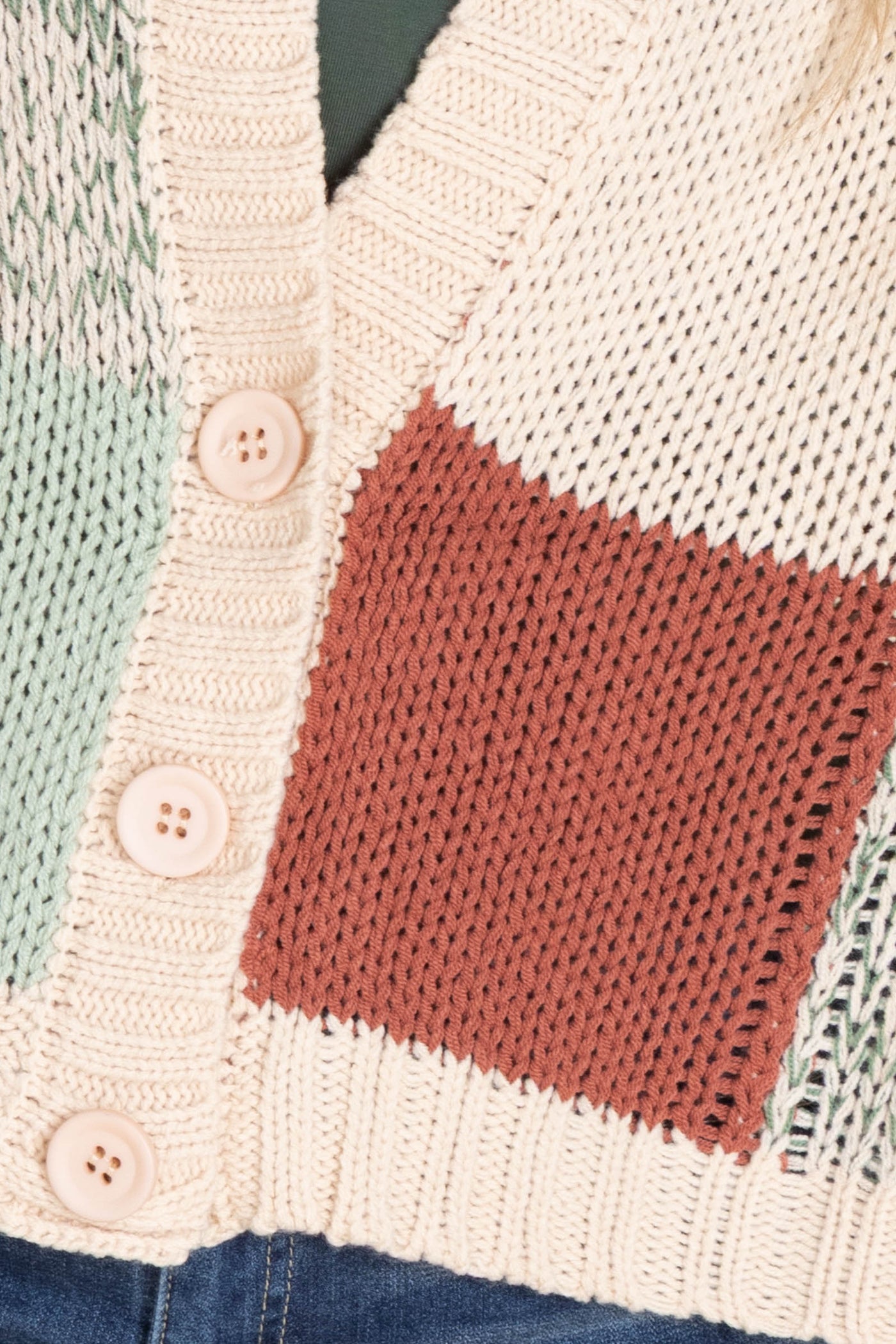 Beige Colorblock Crochet V-Neck Cardigan