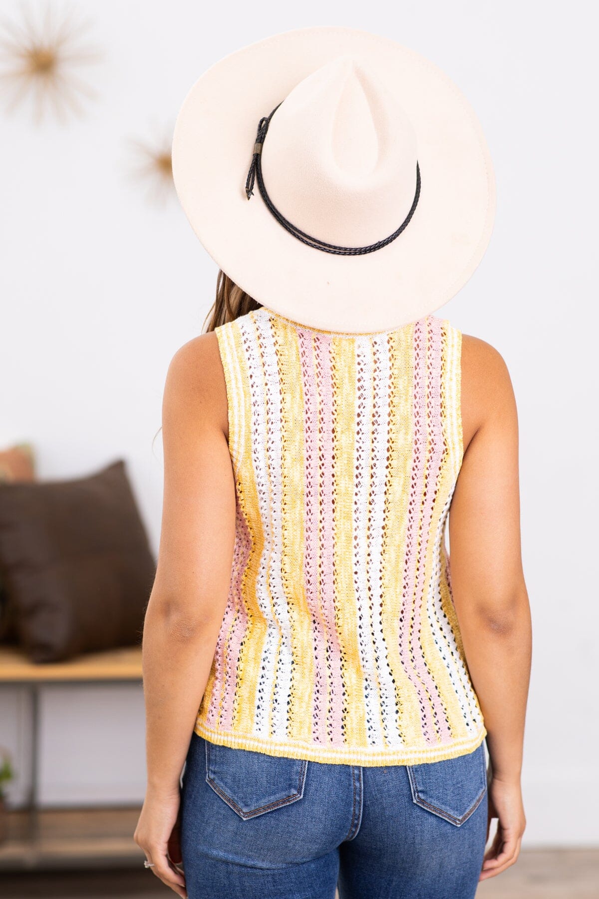 Yellow and Pink Stripe Open Knit Tank - Filly Flair
