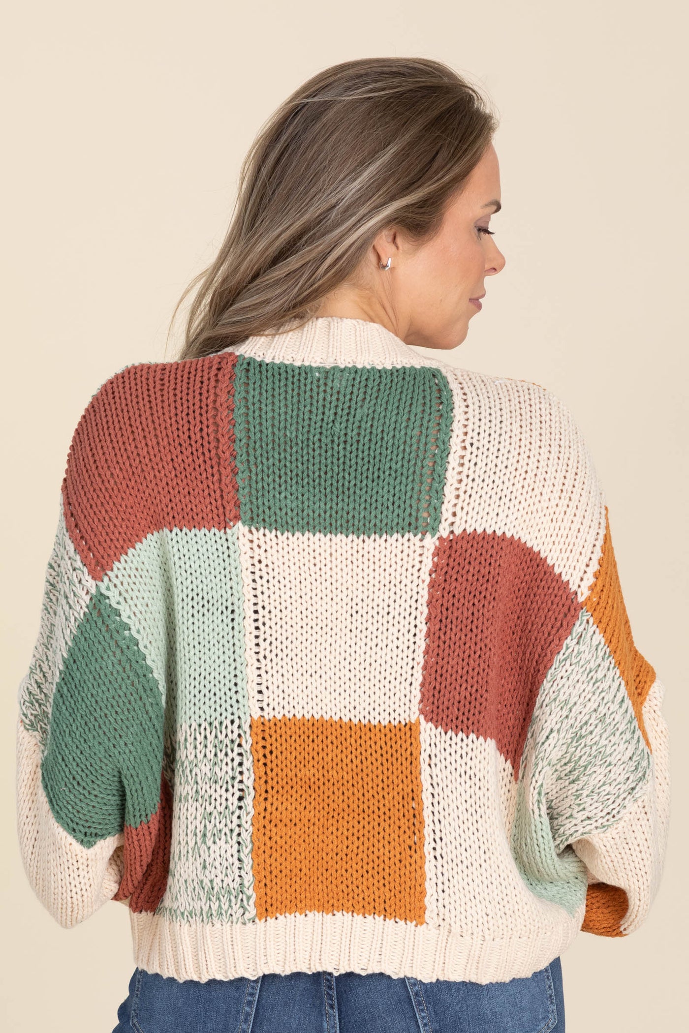 Beige Colorblock Crochet V-Neck Cardigan