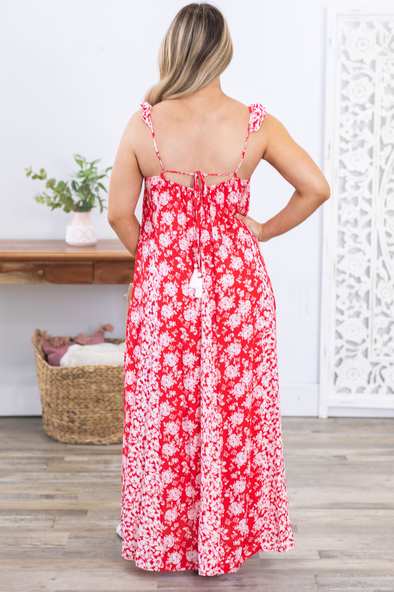 Red Floral Maxi Dress With Criss Cross Back