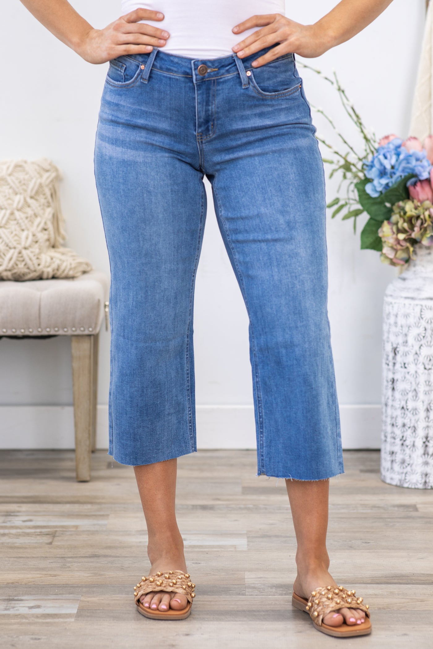 YMI Medium Wash Mid Rise Cropped Wide Leg Jean
