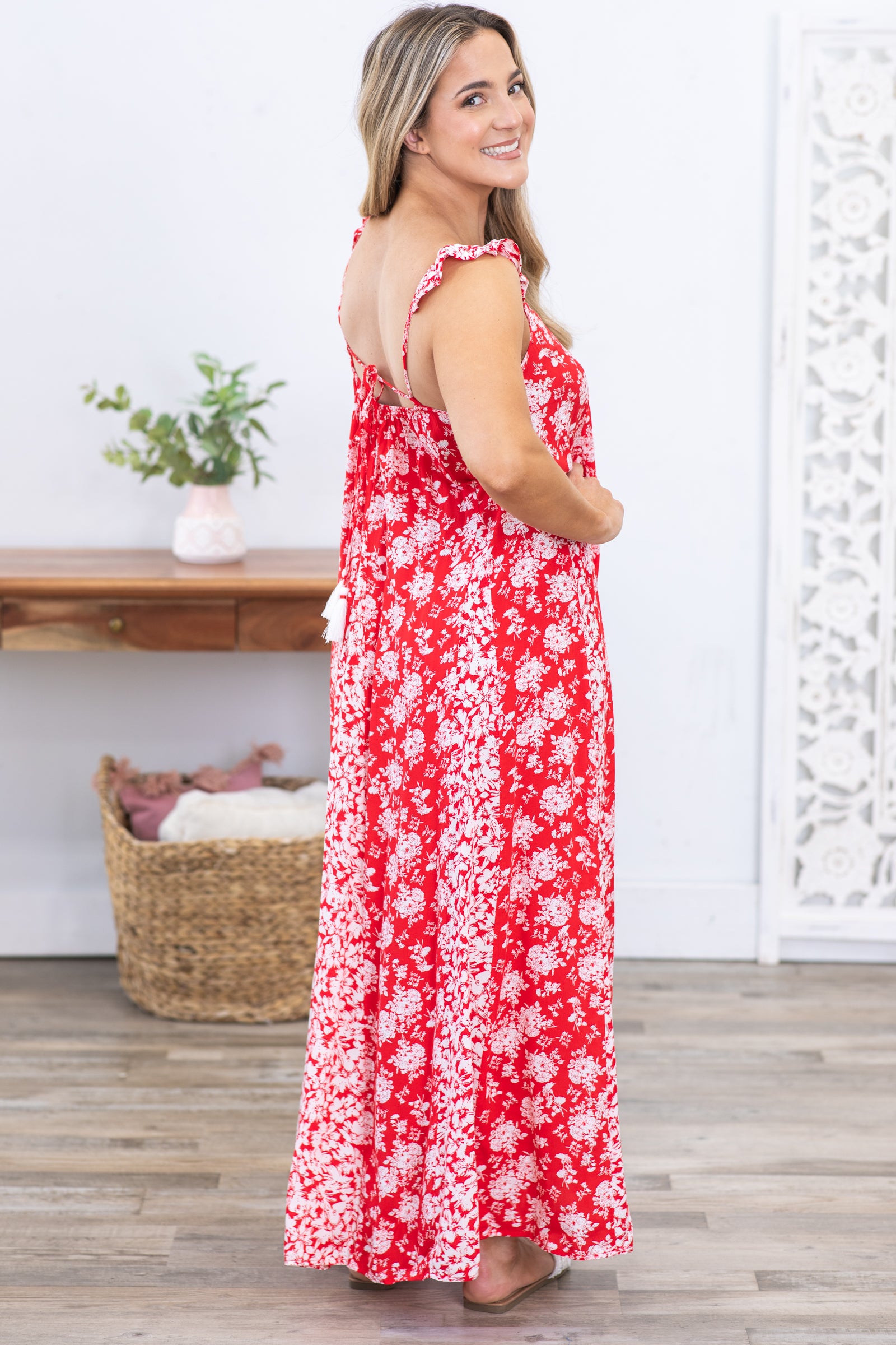 Red Floral Maxi Dress With Criss Cross Back
