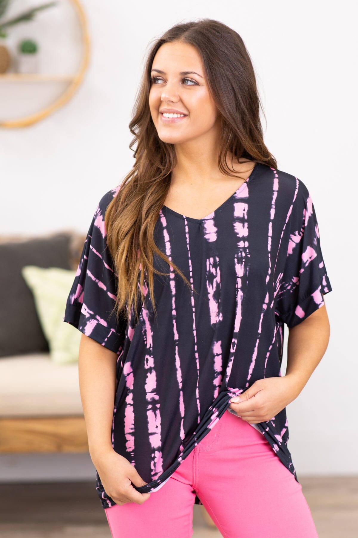 Charcoal and Pink Tie Dye V-Neck Top - Filly Flair