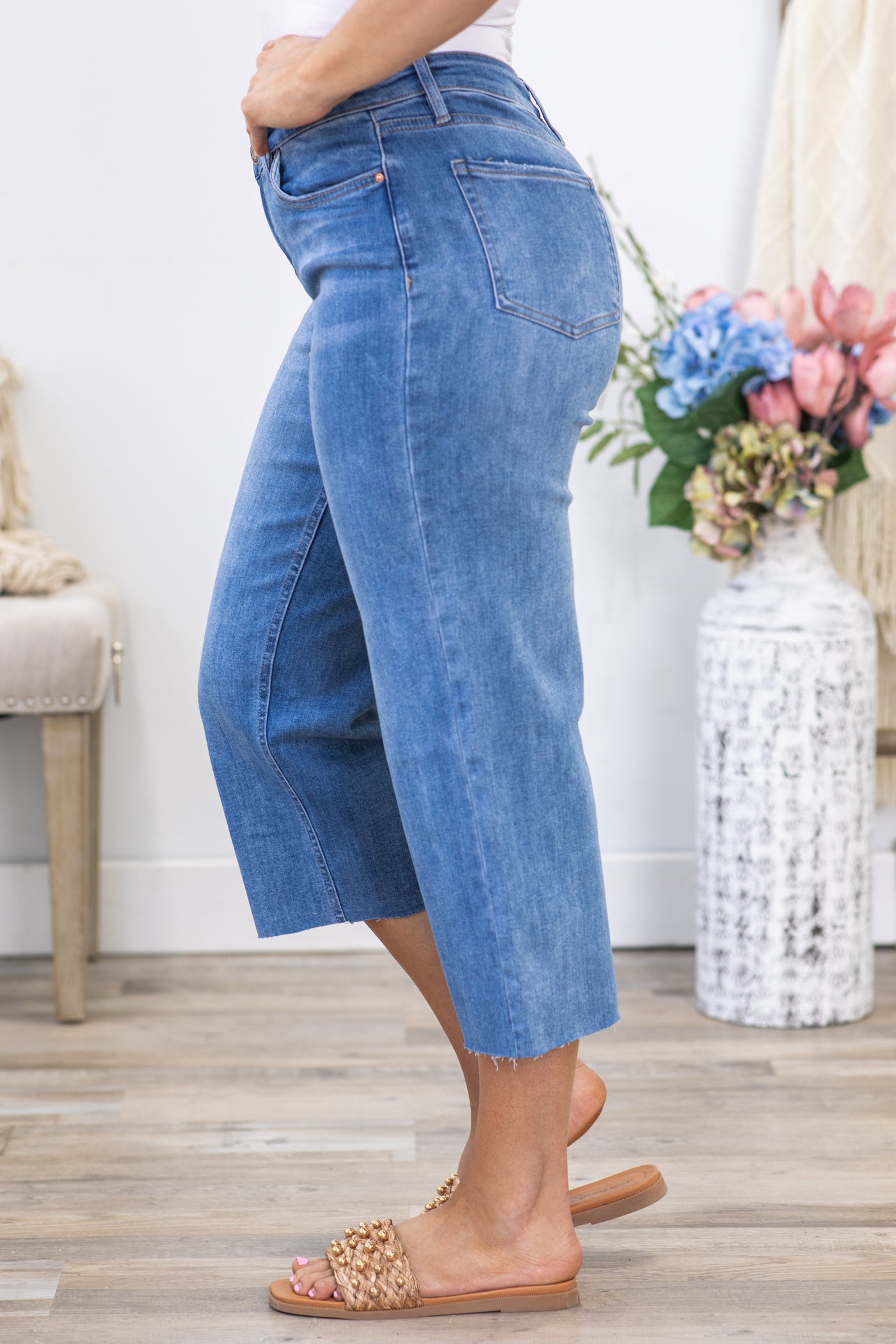 YMI Medium Wash Mid Rise Cropped Wide Leg Jean