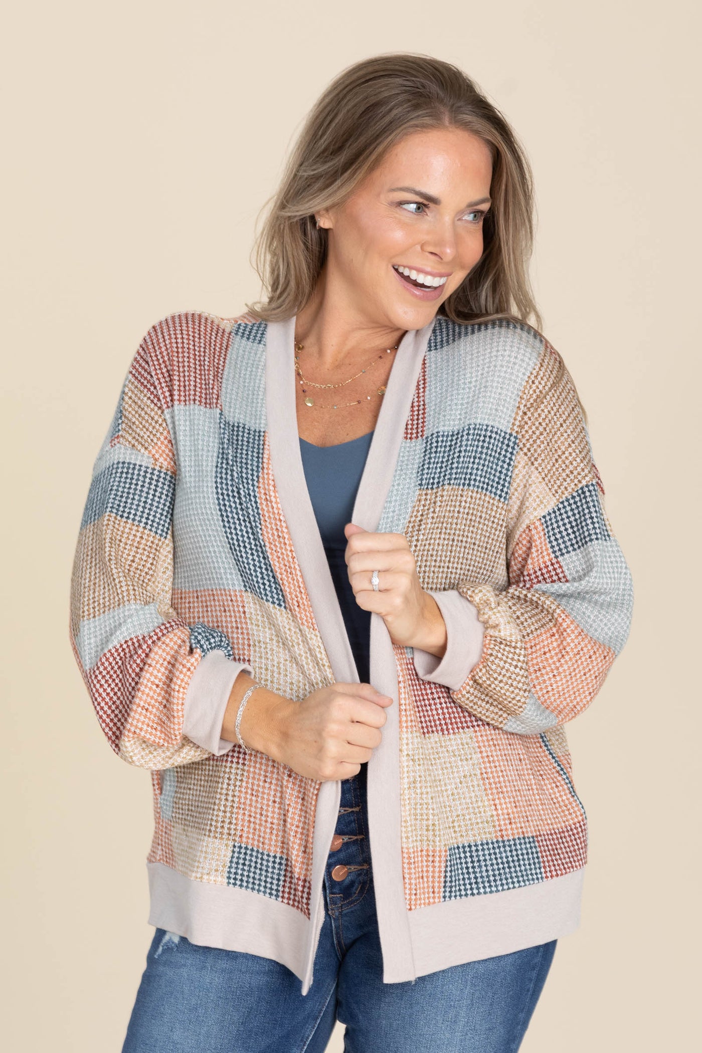 Taupe And Rust Patchwork Open Front Cardigan