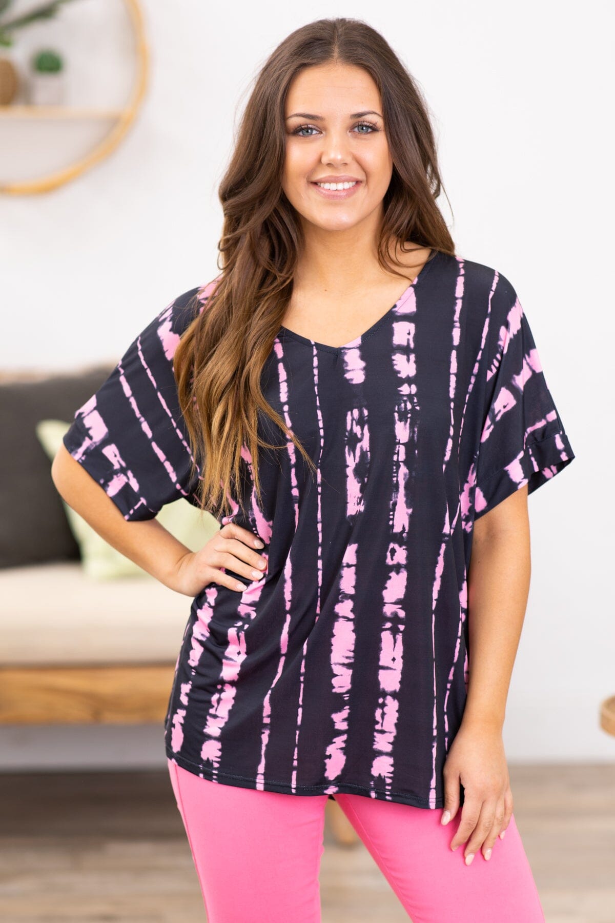 Charcoal and Pink Tie Dye V-Neck Top - Filly Flair