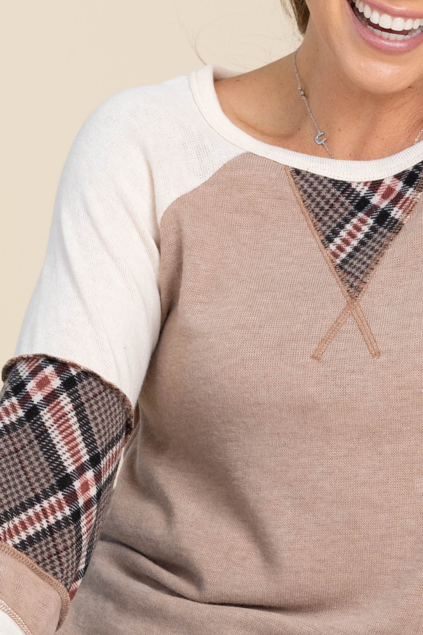 Light Mocha Plaid Patchwork Knit Top