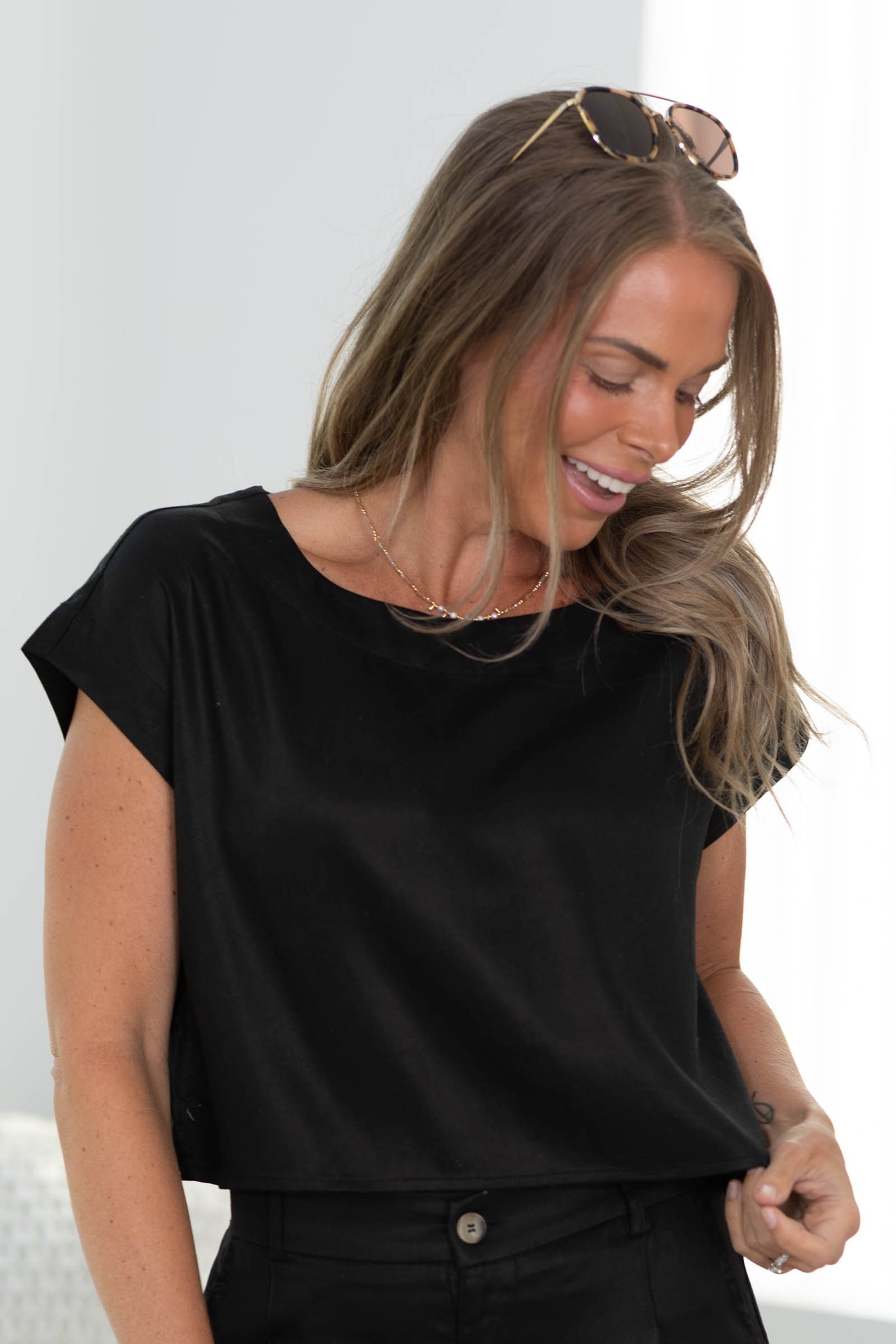 Mineral Washed Boat Neck Knit Tops