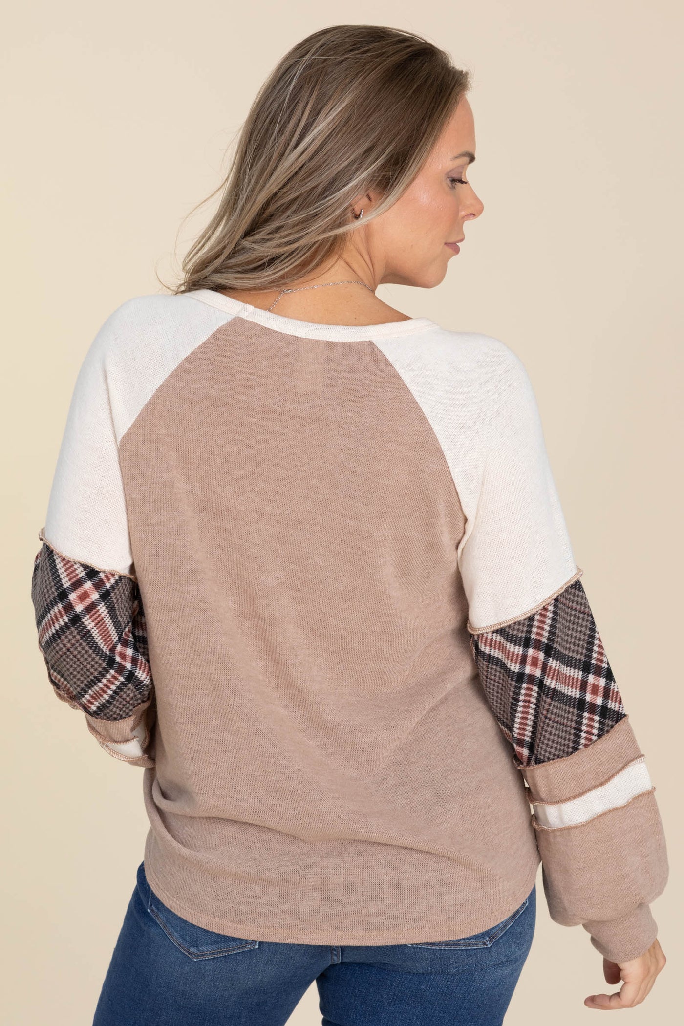 Light Mocha Plaid Patchwork Knit Top
