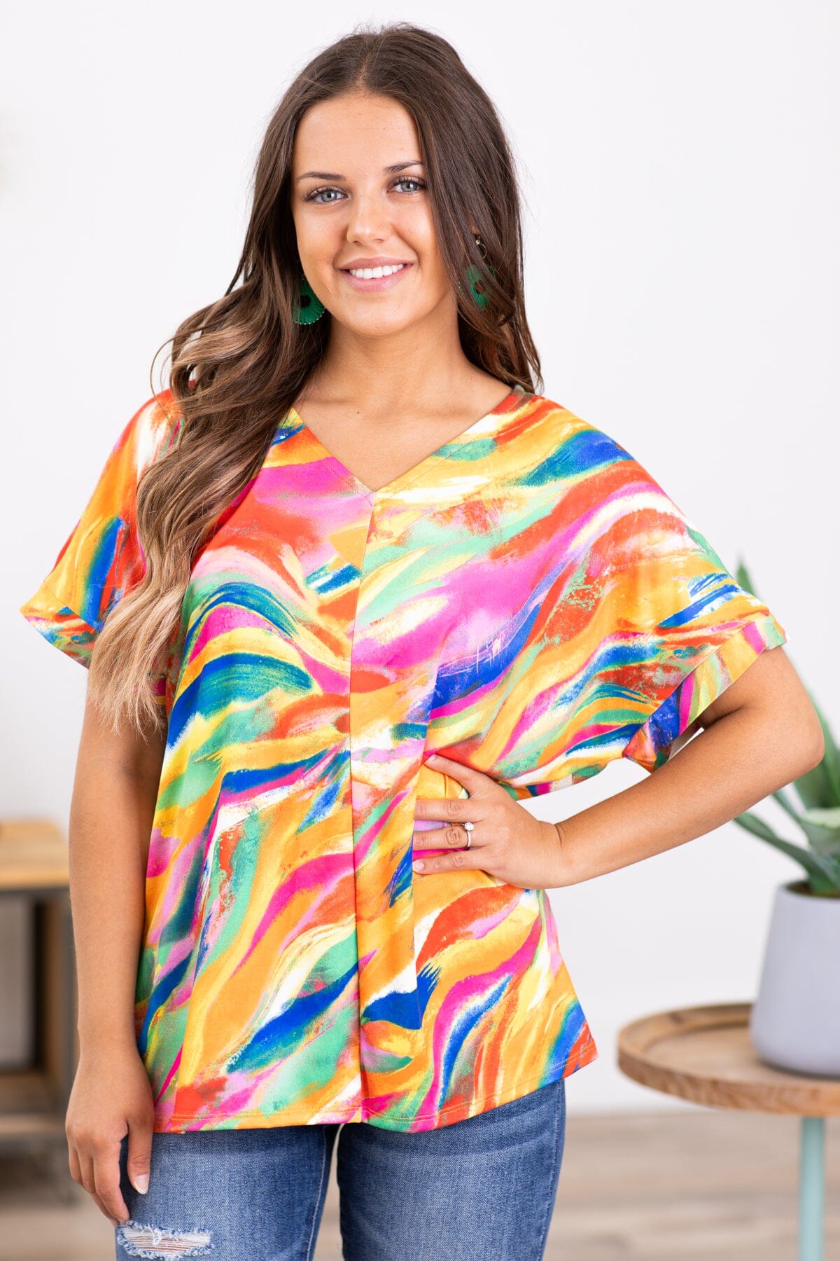 Orange Multicolor Abstract Print V-Neck Top - Filly Flair