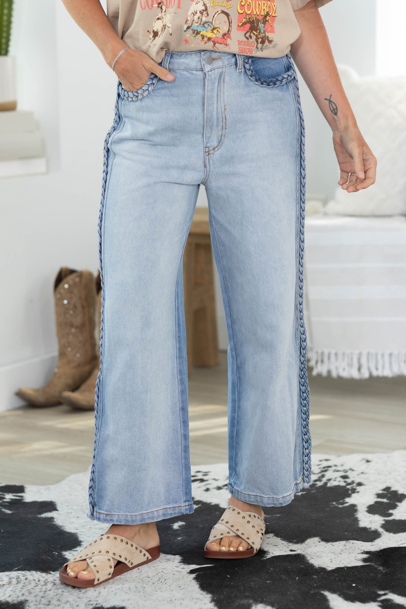 Vintage Washed Straight Jean With Side Braids