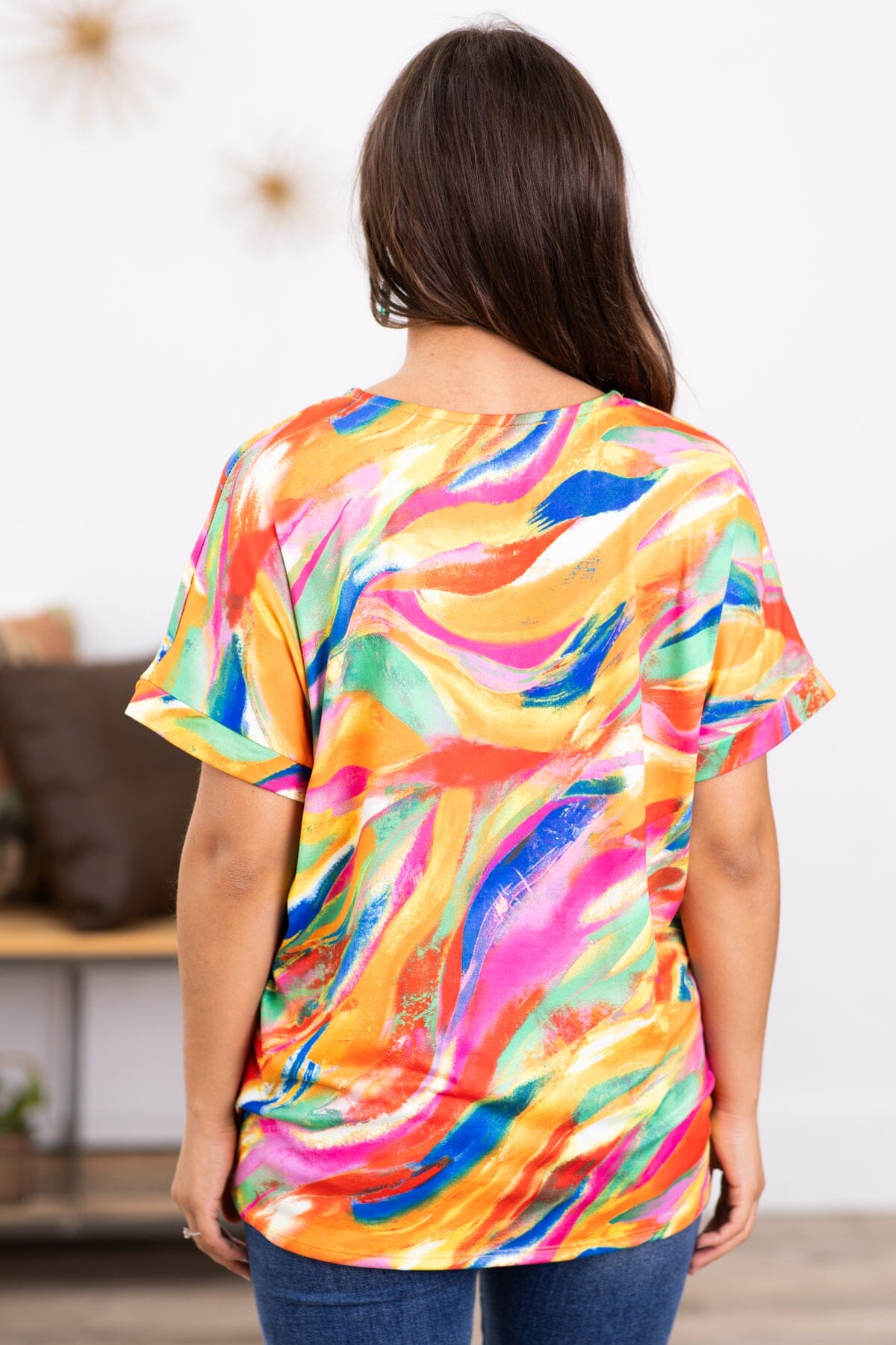 Orange Multicolor Abstract Print V-Neck Top - Filly Flair