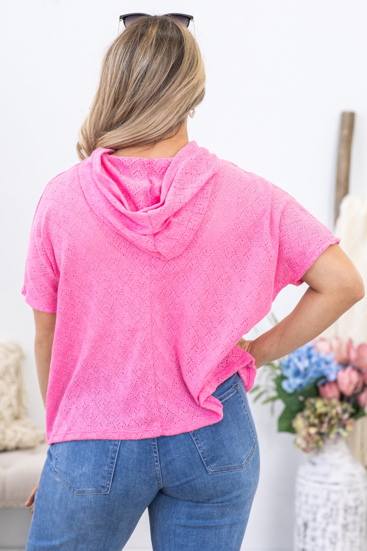 Pink Pointelle Knit Hooded Top