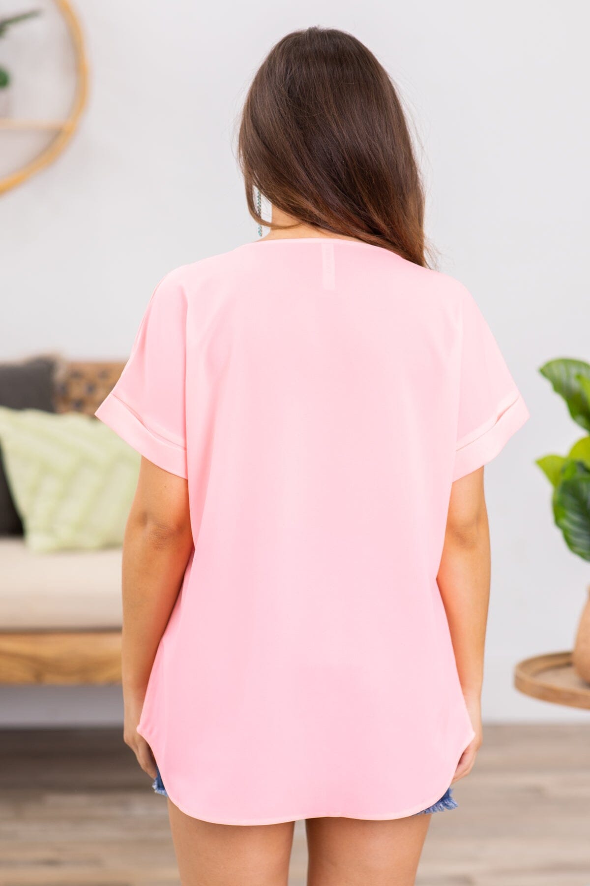 Neon Pink Roll Sleeve V-Neck Top - Filly Flair