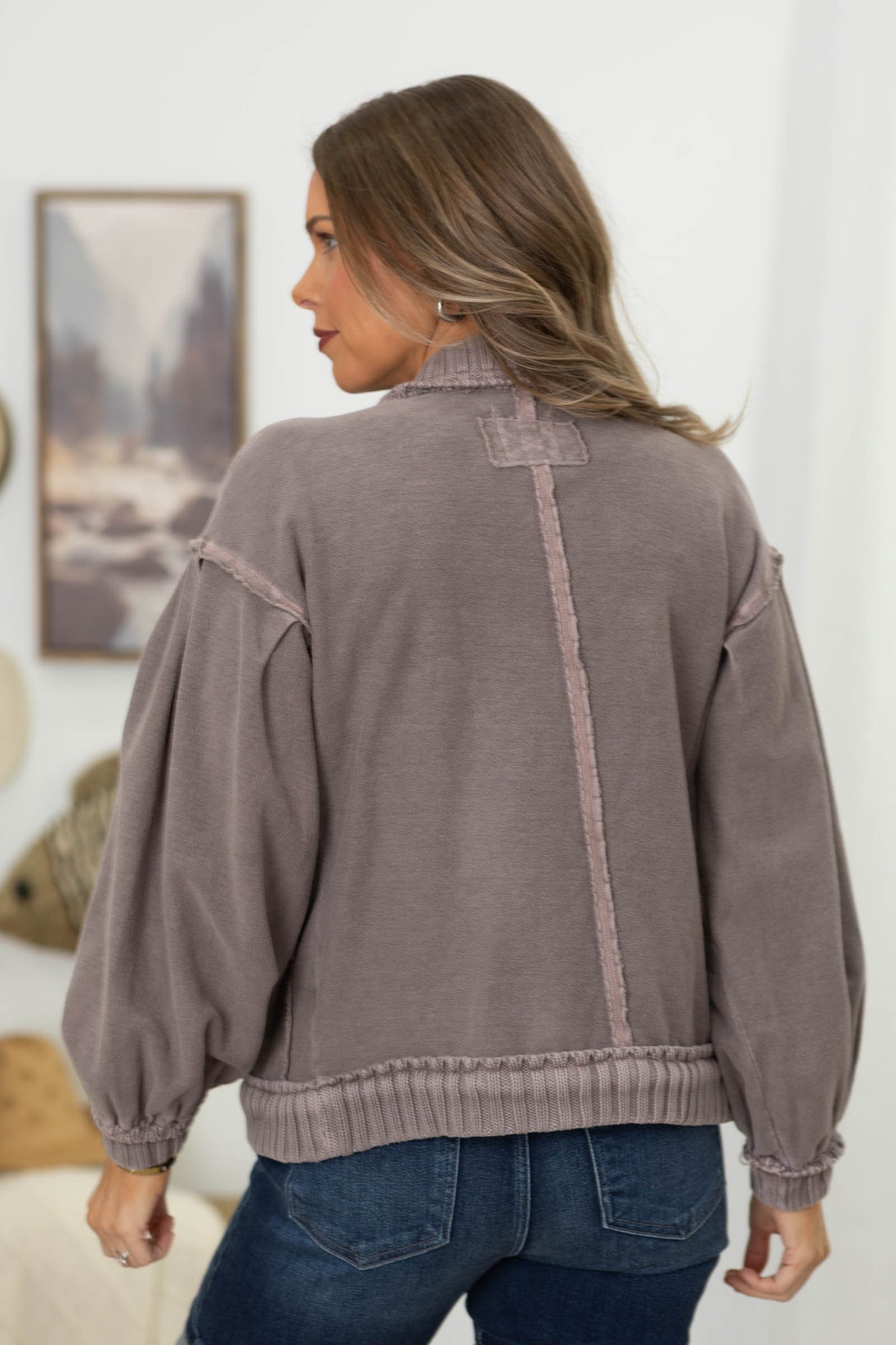 Washed Vintage Ribbed Knit Trim Jacket