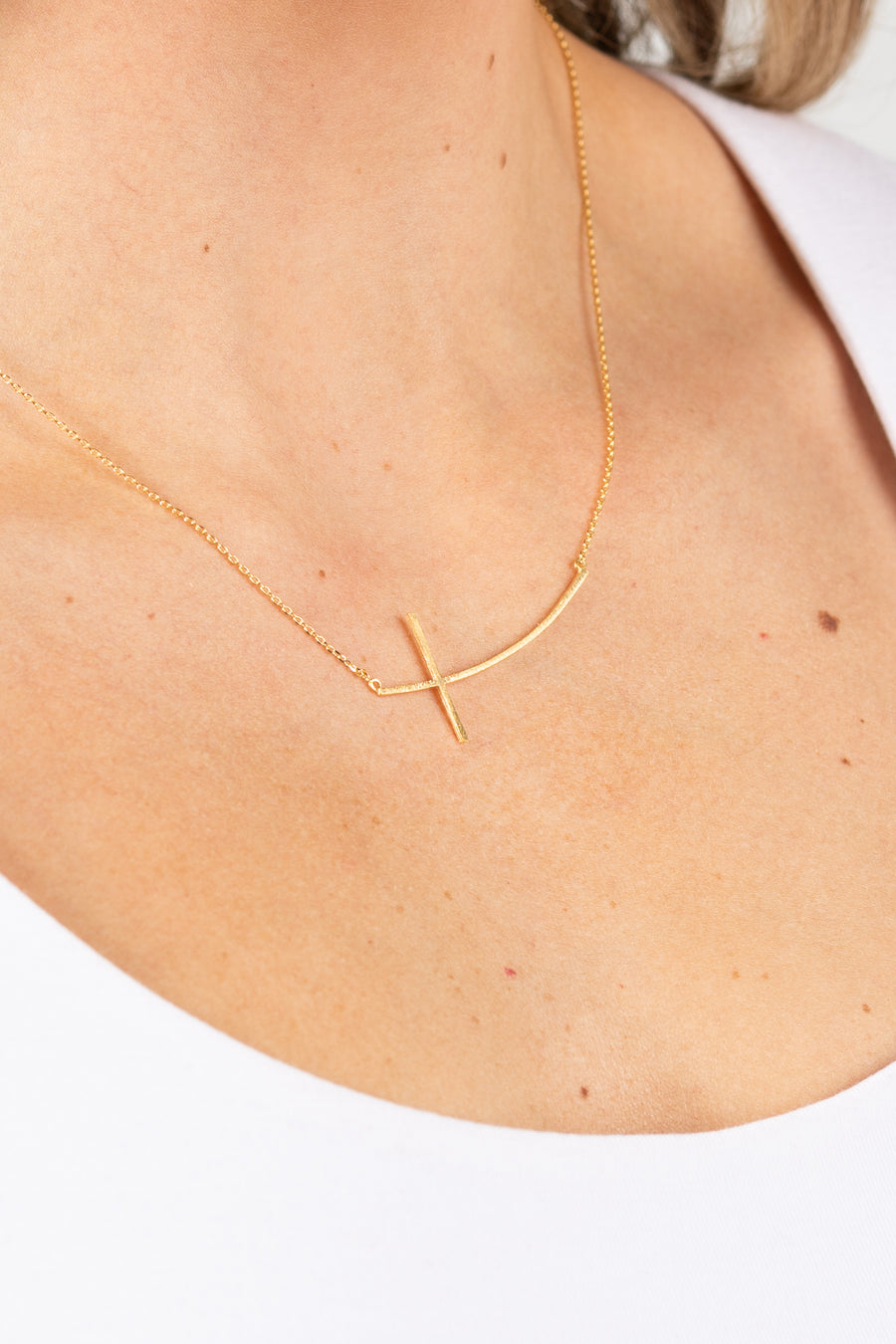 Gold Brushed Side Cross Necklace