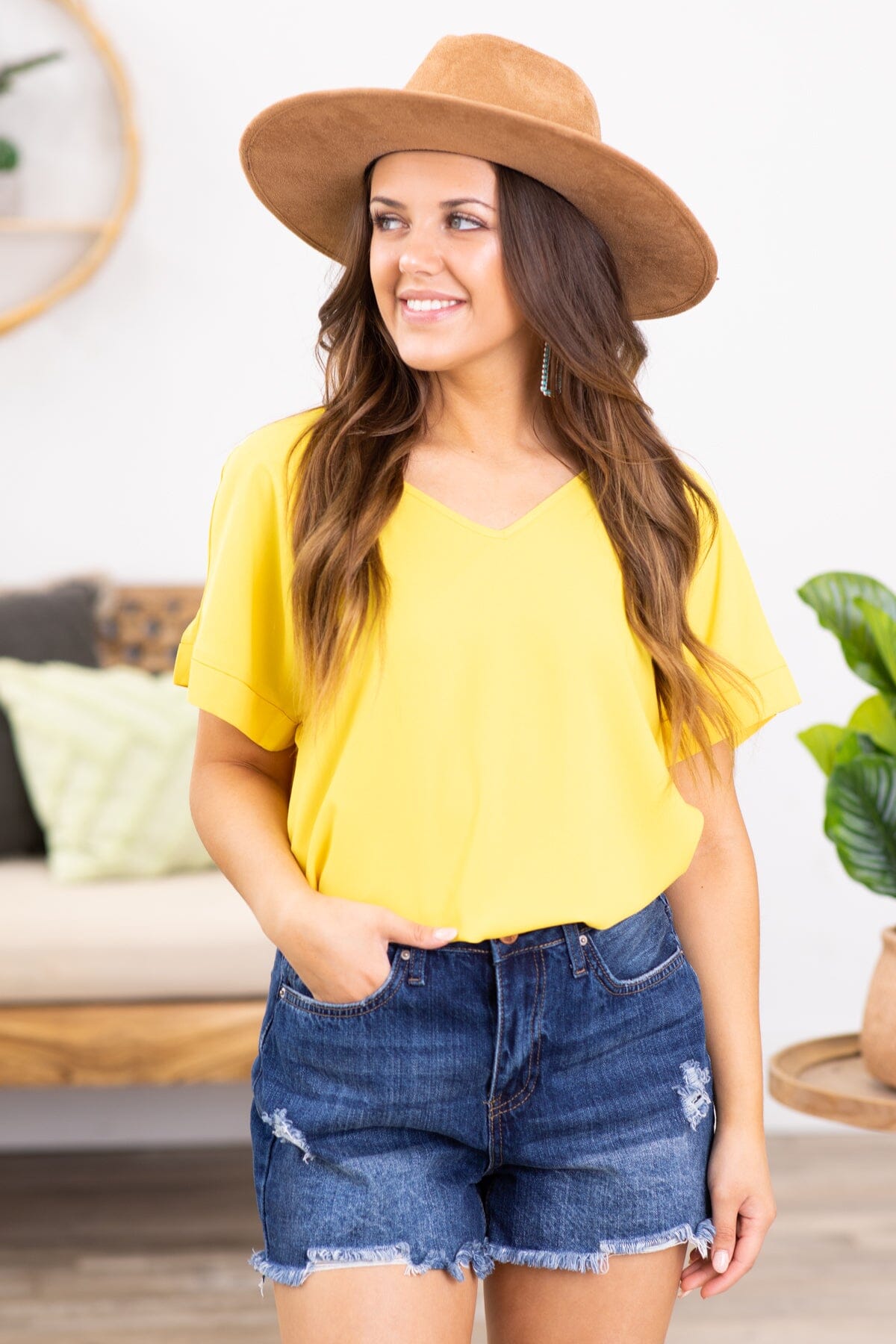 Yellow Roll Sleeve V-Neck Top - Filly Flair