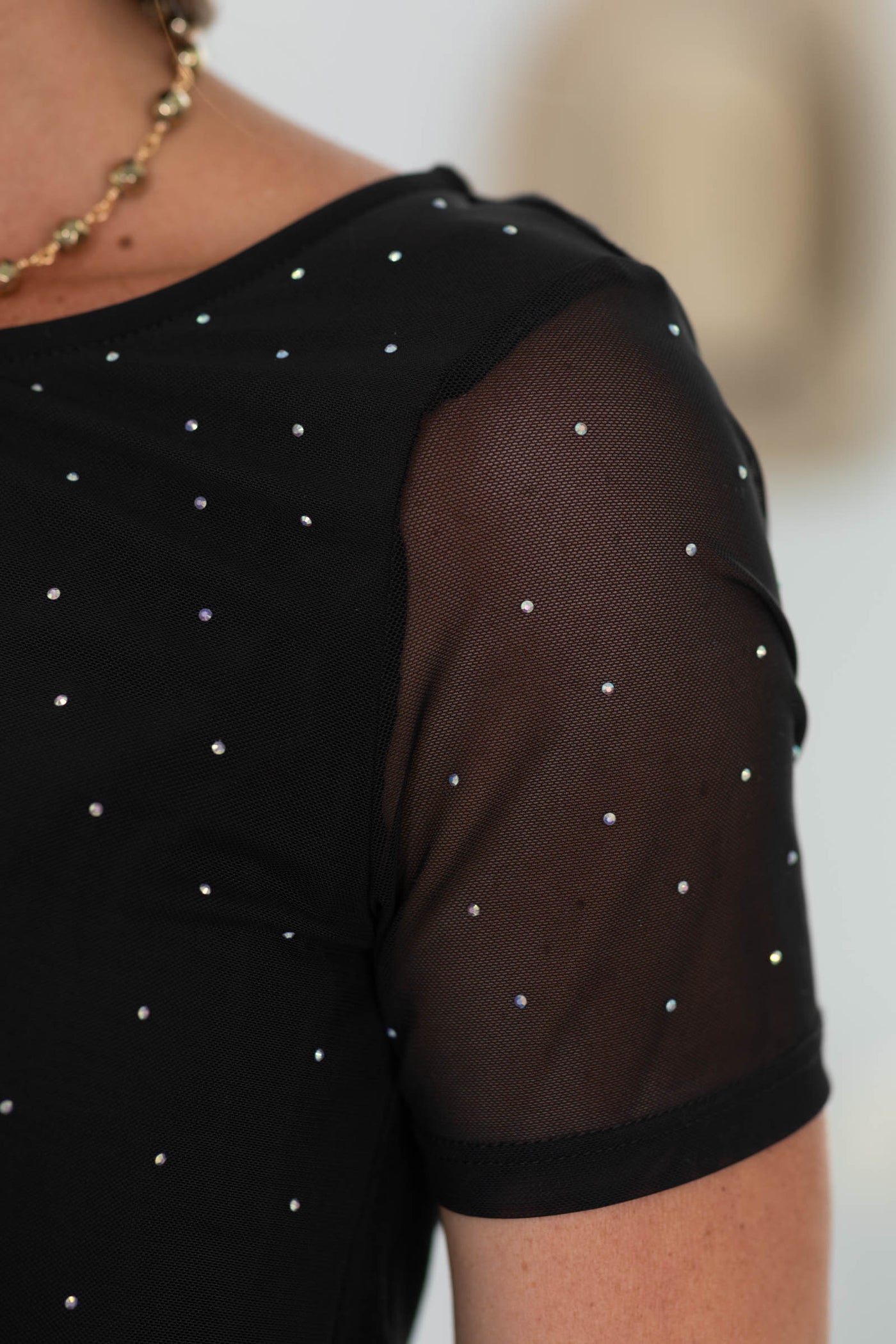 Black Stone Detail With Mesh Sleeve Knit Top