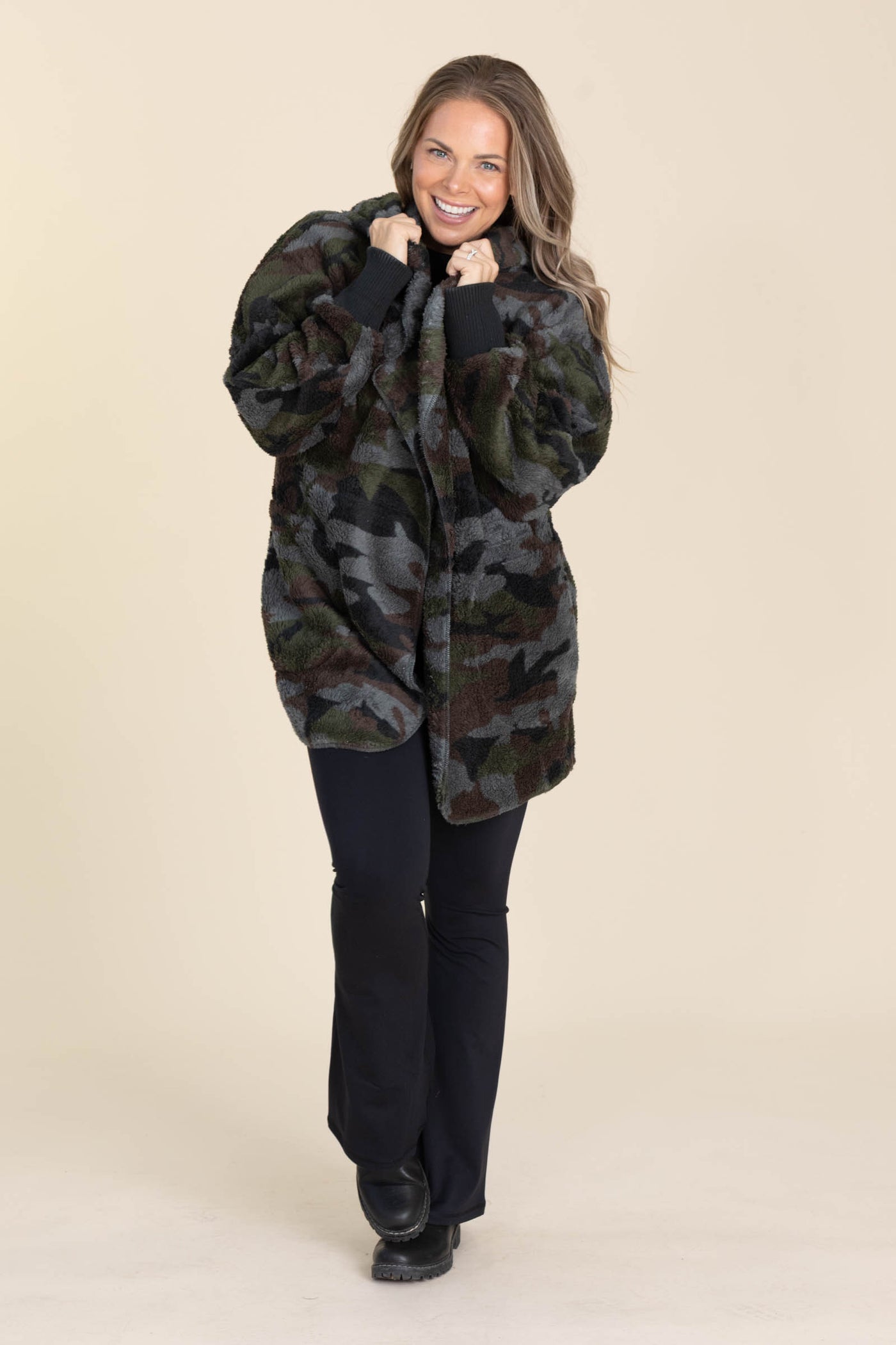 Dark Olive Camo Print Open Fur Jacket