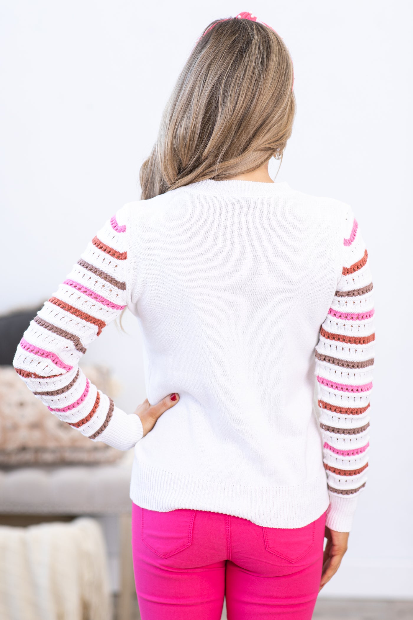 Off White Sweater With Pink Stripe Arm Detail