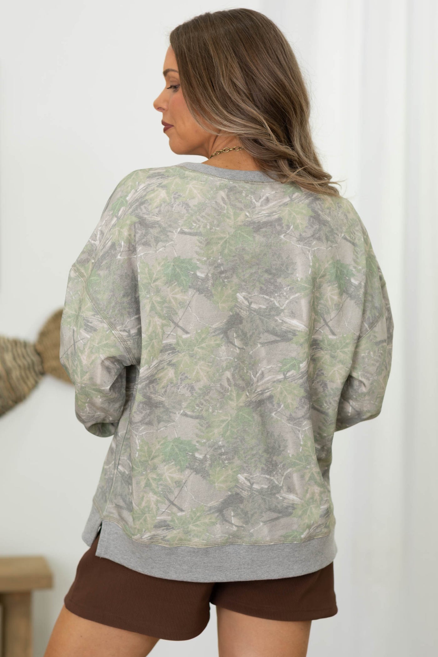 Oversized Round Neck Long Camo Knit Tops