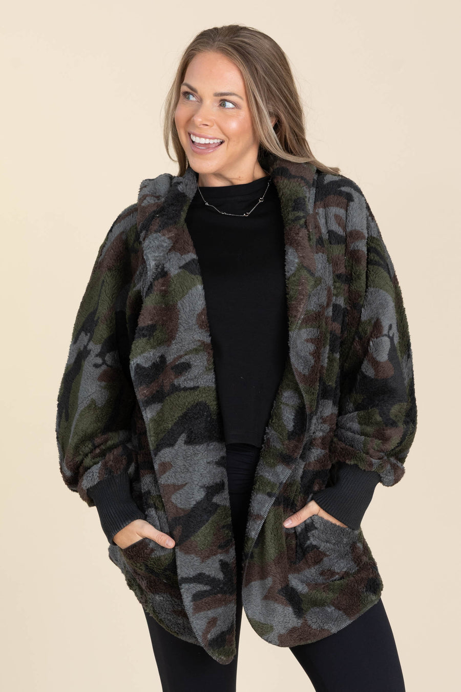 Dark Olive Camo Print Open Fur Jacket