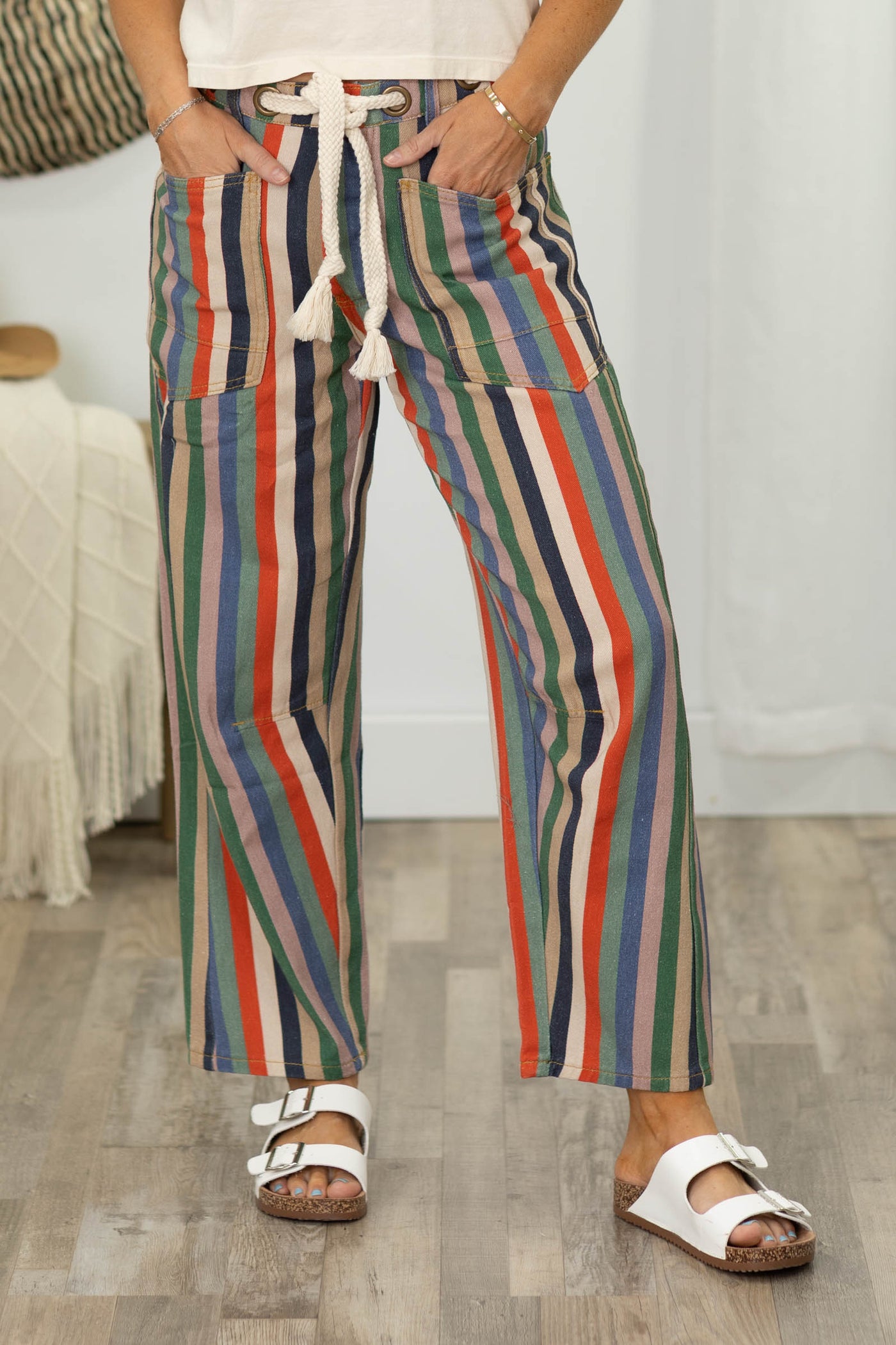 Washed Multicolor Stripe Rope String Pants