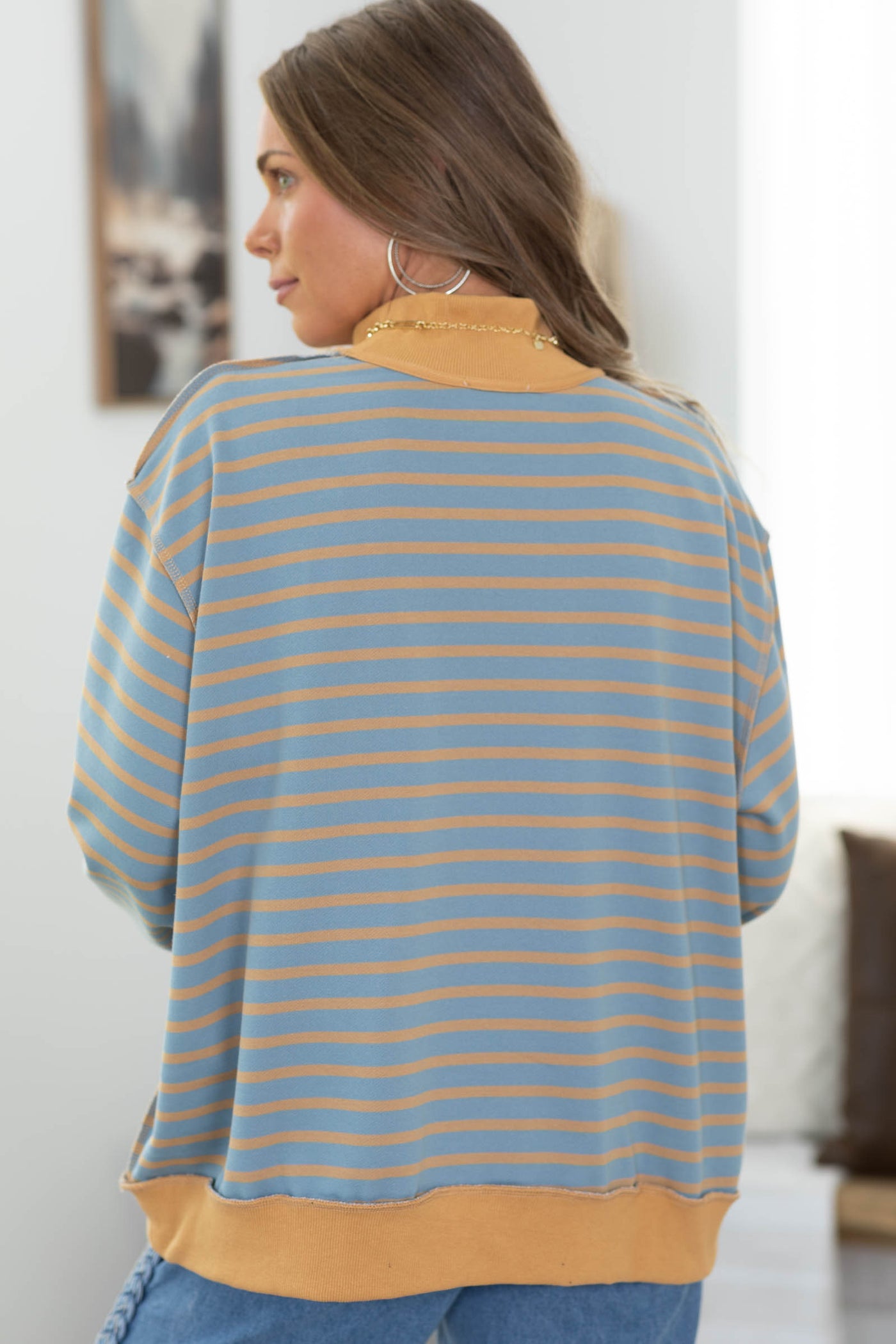 Dusty Blue And Copper Stripe Mock Neck Pullover Top
