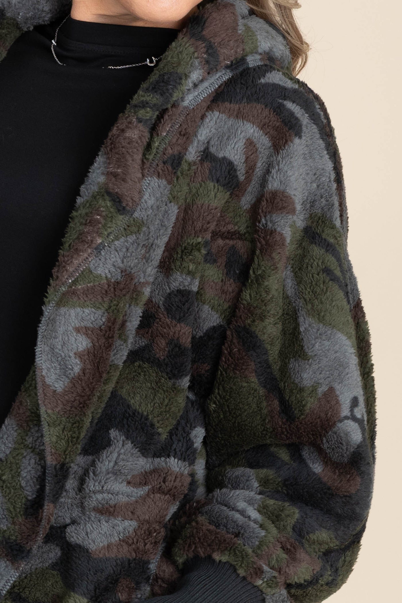 Dark Olive Camo Print Open Fur Jacket