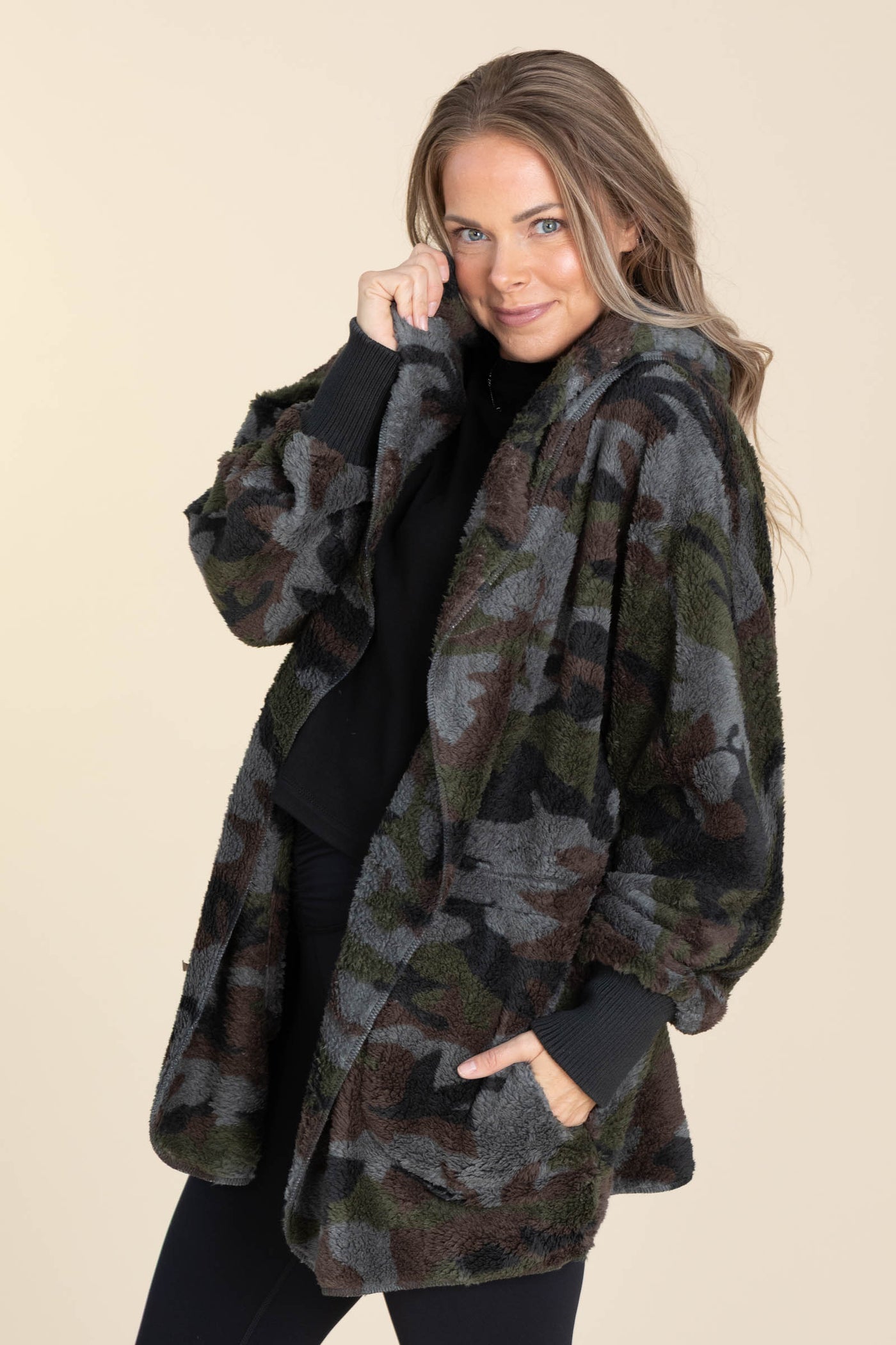 Dark Olive Camo Print Open Fur Jacket